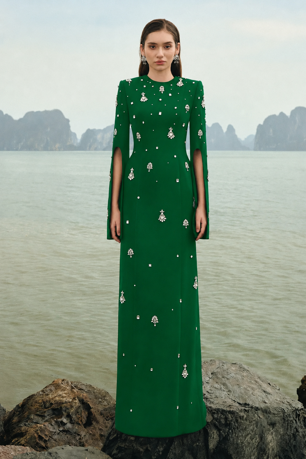 Round Neck Crystal Embellished Dress - TRACY COUTURE