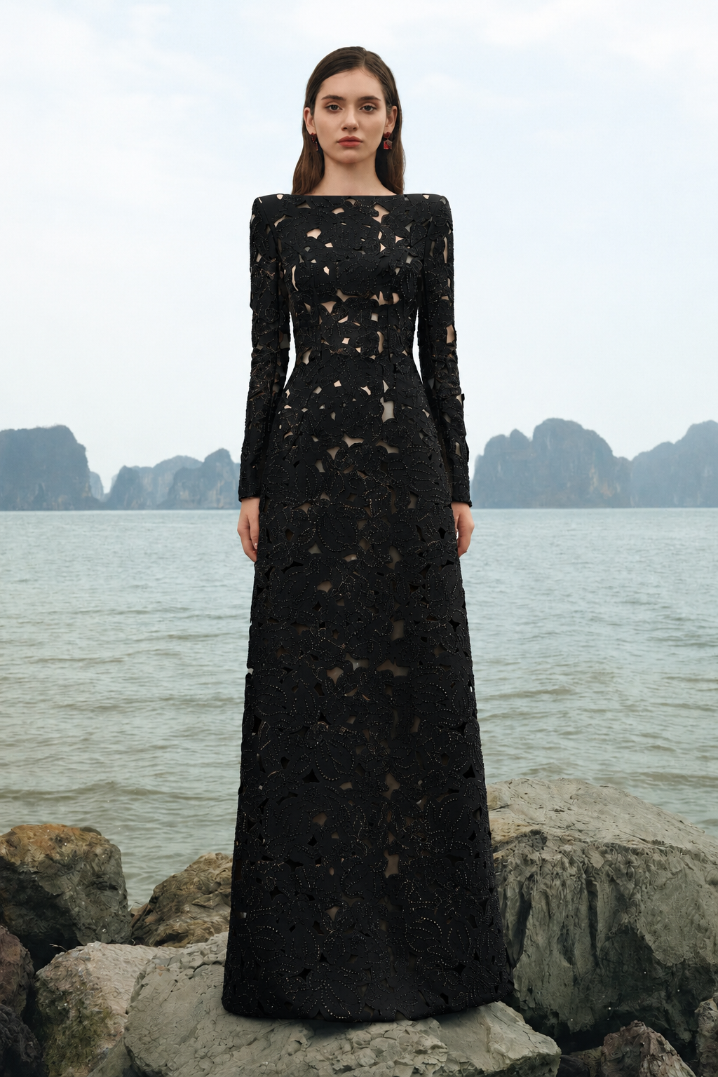 Long Sleeves Boat Neck Floral Lasercut Dress XXXL / Black Long Sleeves Boat Neck Floral Lasercut Dress XXXL / Black