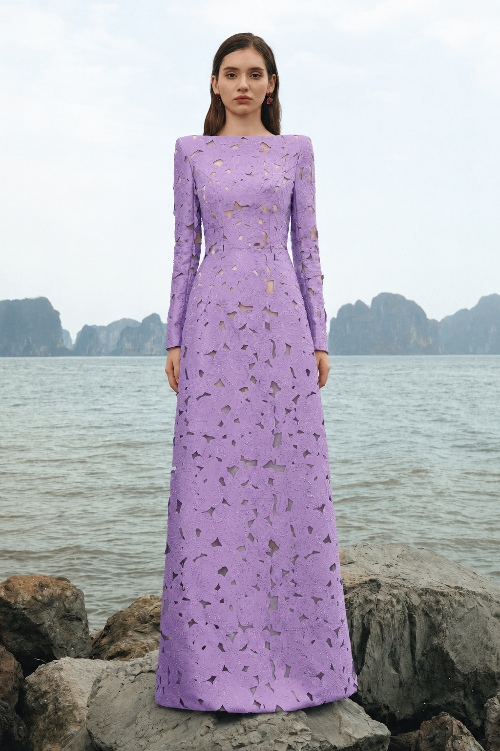 Long Sleeves Boat Neck Floral Lasercut Dress - TRACY COUTURE