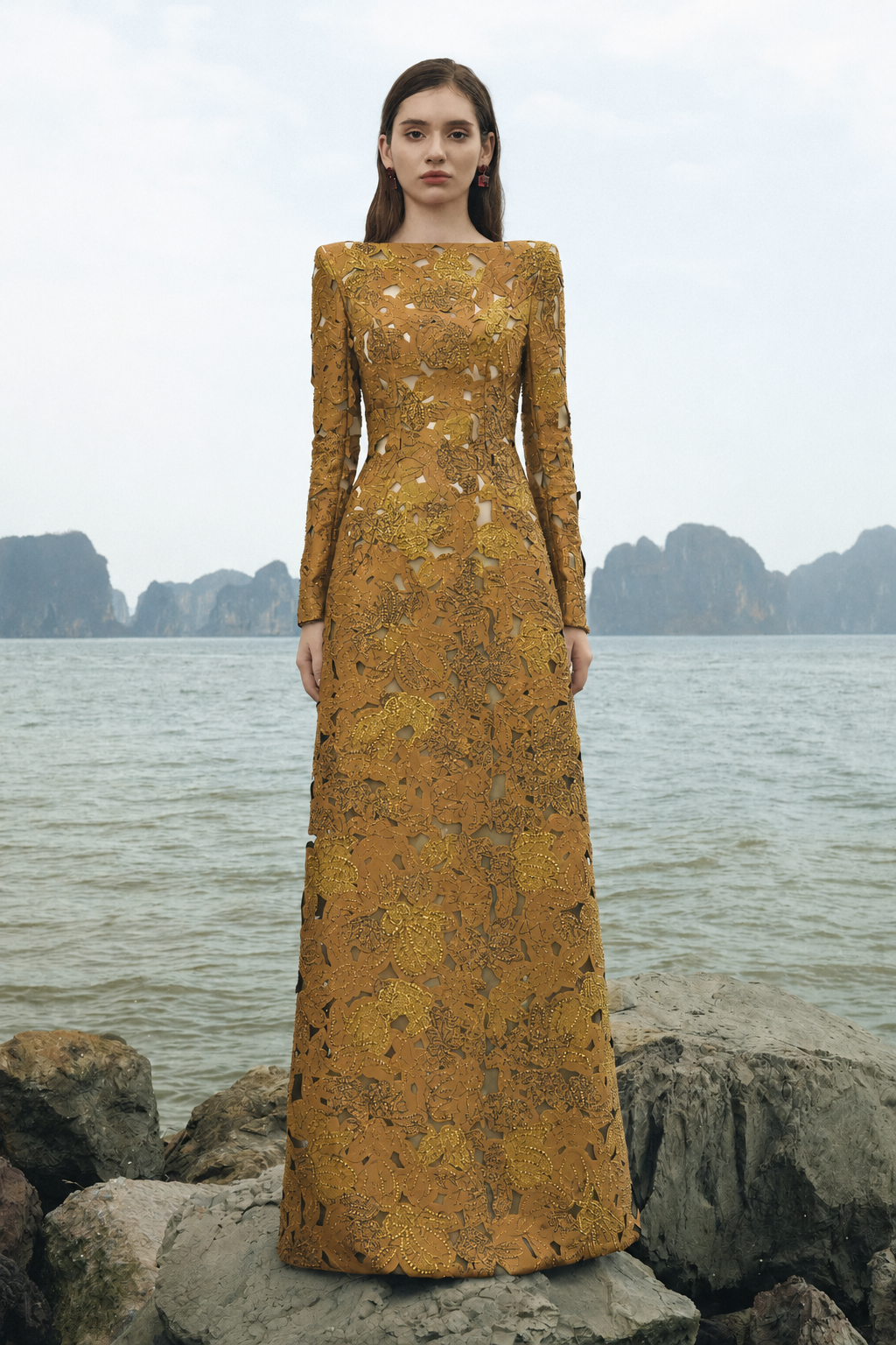 Long Sleeves Boat Neck Floral Lasercut Dress - TRACY COUTURE