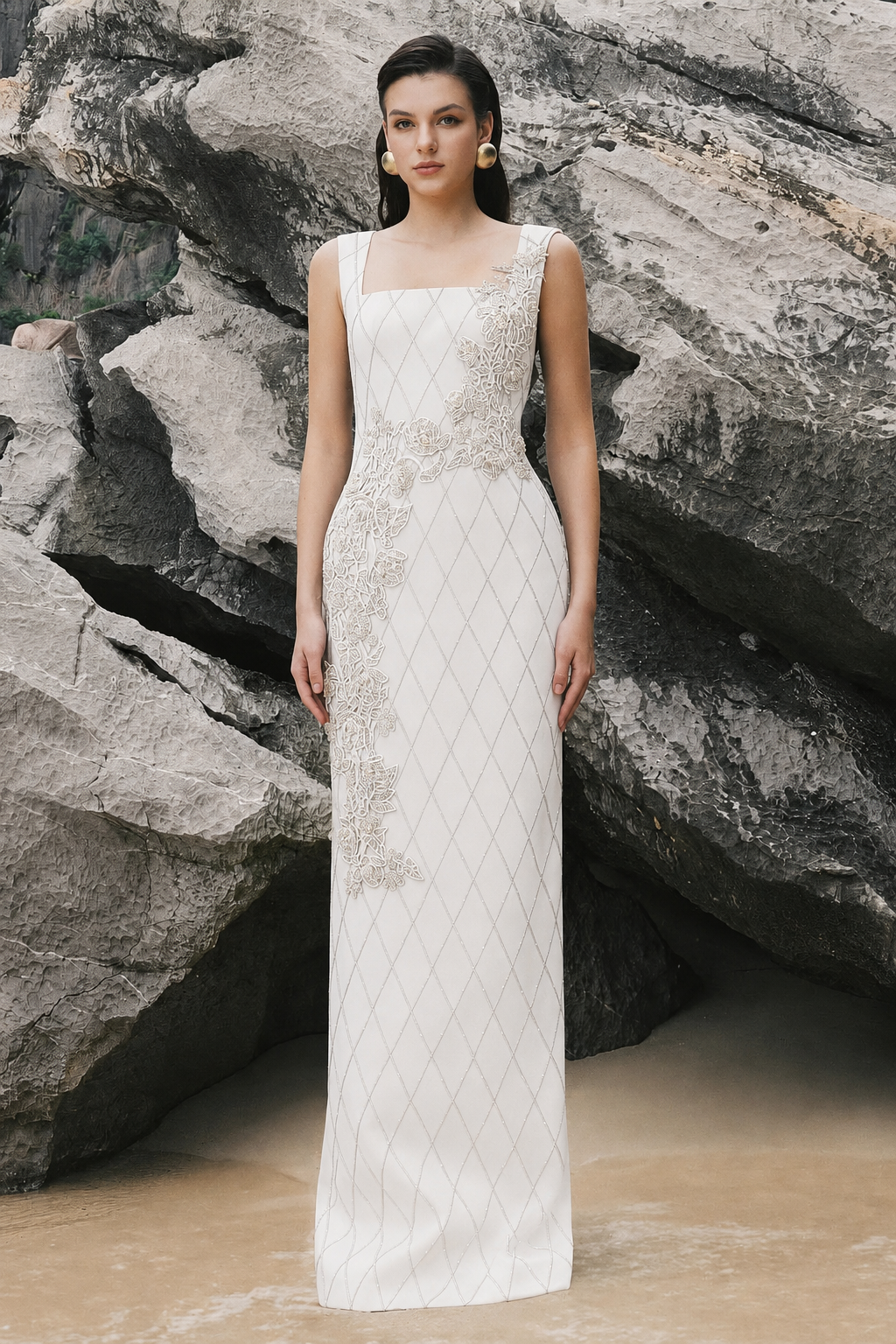 Strappy Fish Net Crystalline Straight Dress - TRACY COUTURE