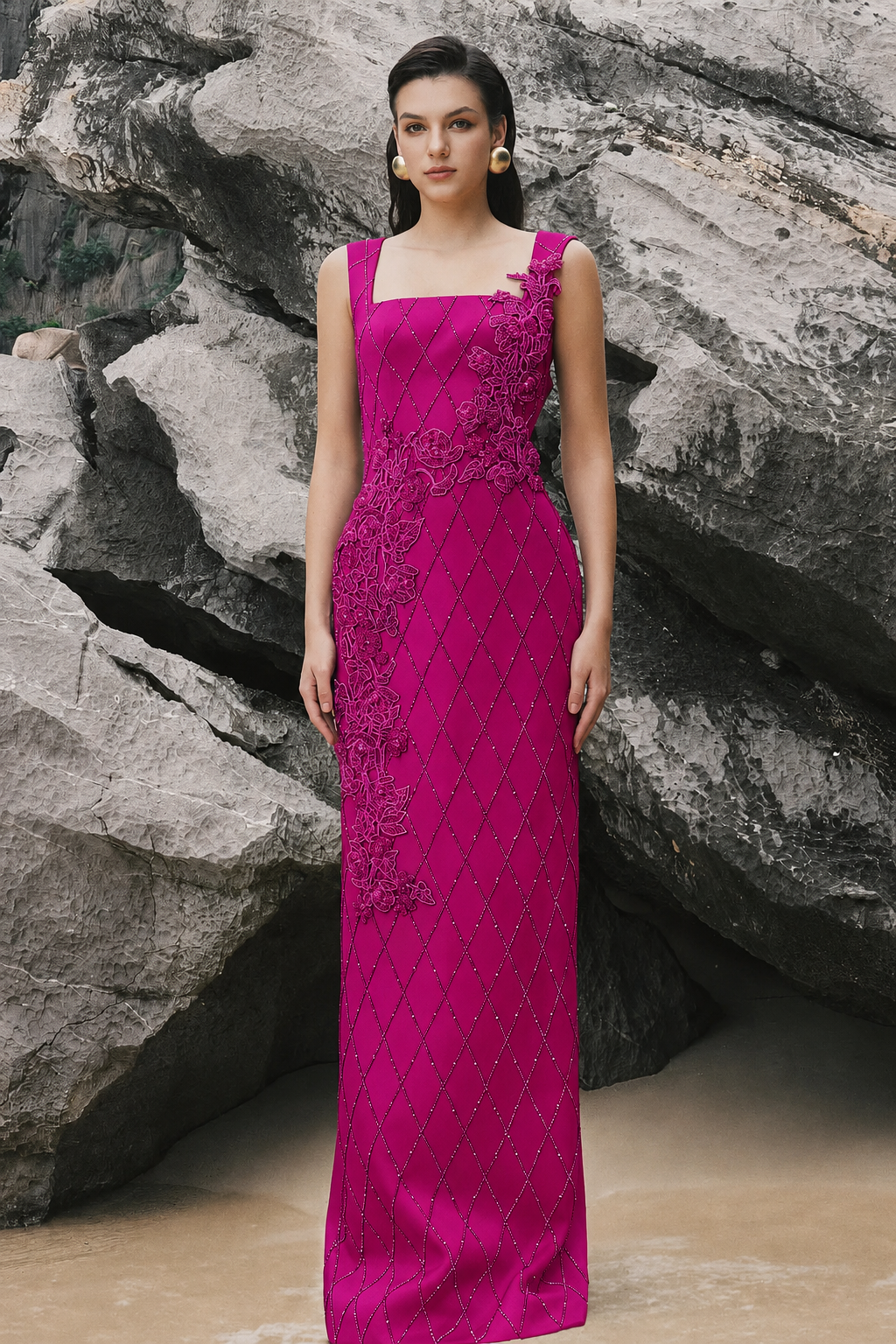 Strappy Fish Net Crystalline Straight Dress - TRACY COUTURE