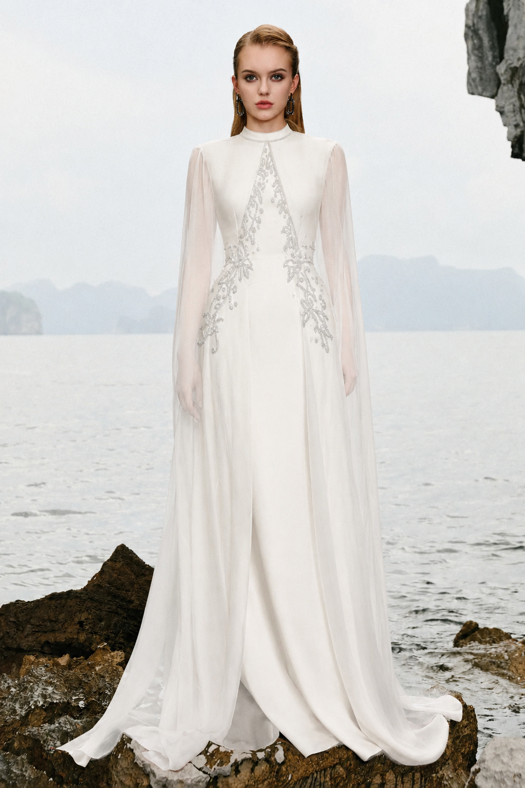 Long See-Through Cape Flared Dress - TRACY COUTURE