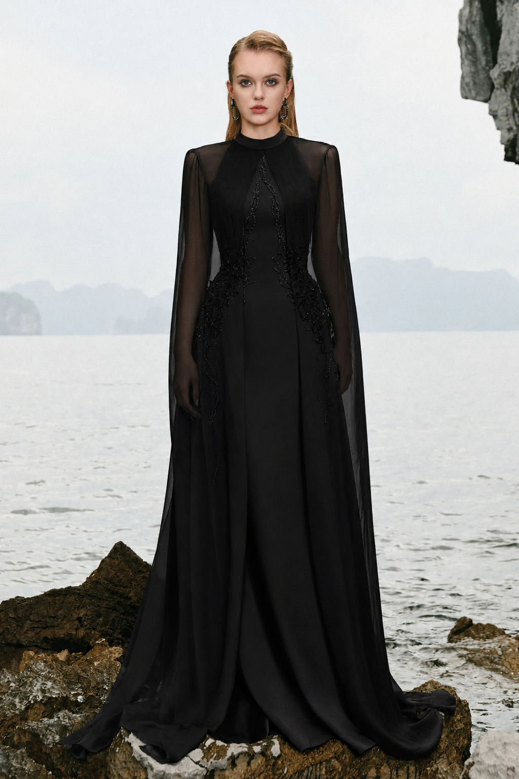 black see through long dress See-Through Cape Flared XL / Floor length AMUR Mirelle Strapless Drop-Waist Color:Peacock Blue- Priestess_Dress