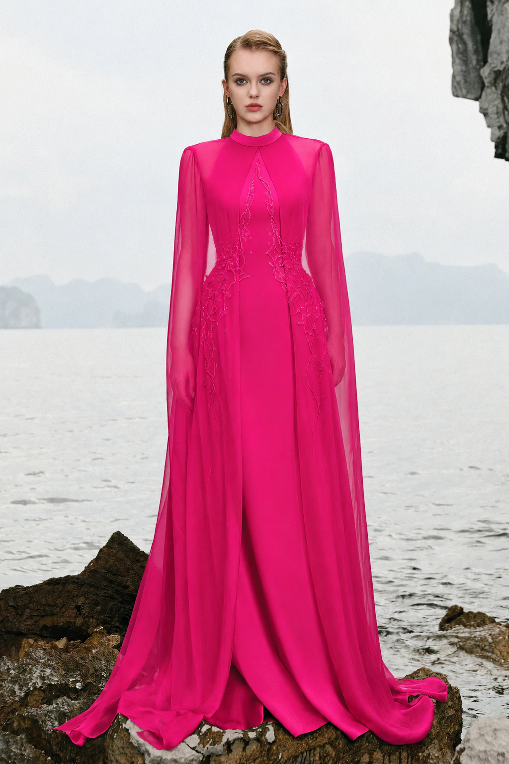 Long See-Through Cape Flared Dress XXL / Pink