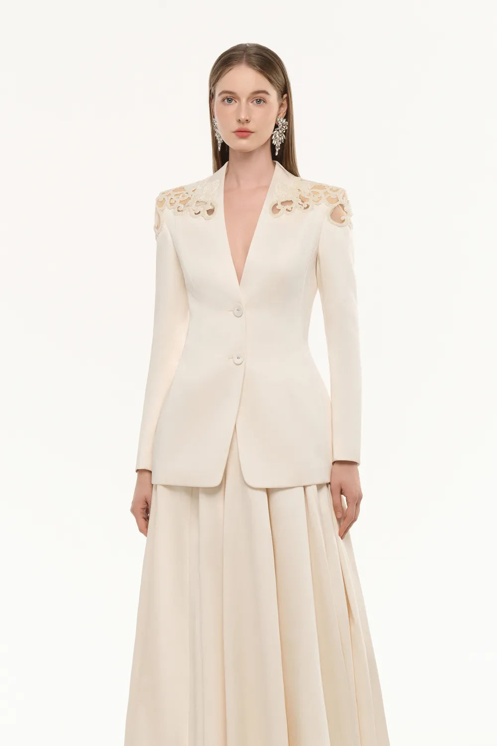 See-Through Shoulder Blazer With Gathered Puffy Skirt Set - TRACY COUTURE