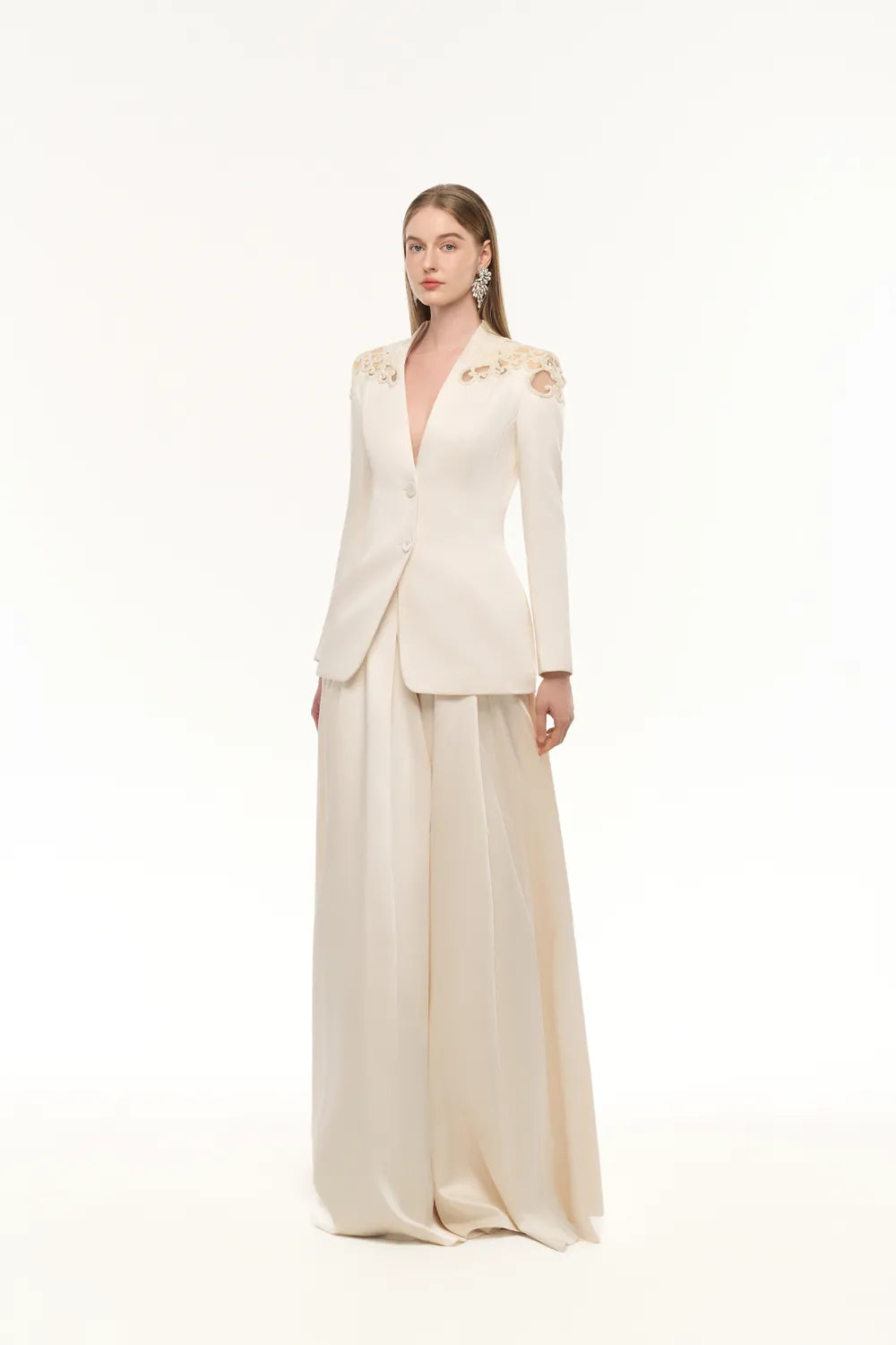 See-Through Shoulder Blazer With Gathered Puffy Skirt Set - TRACY COUTURE