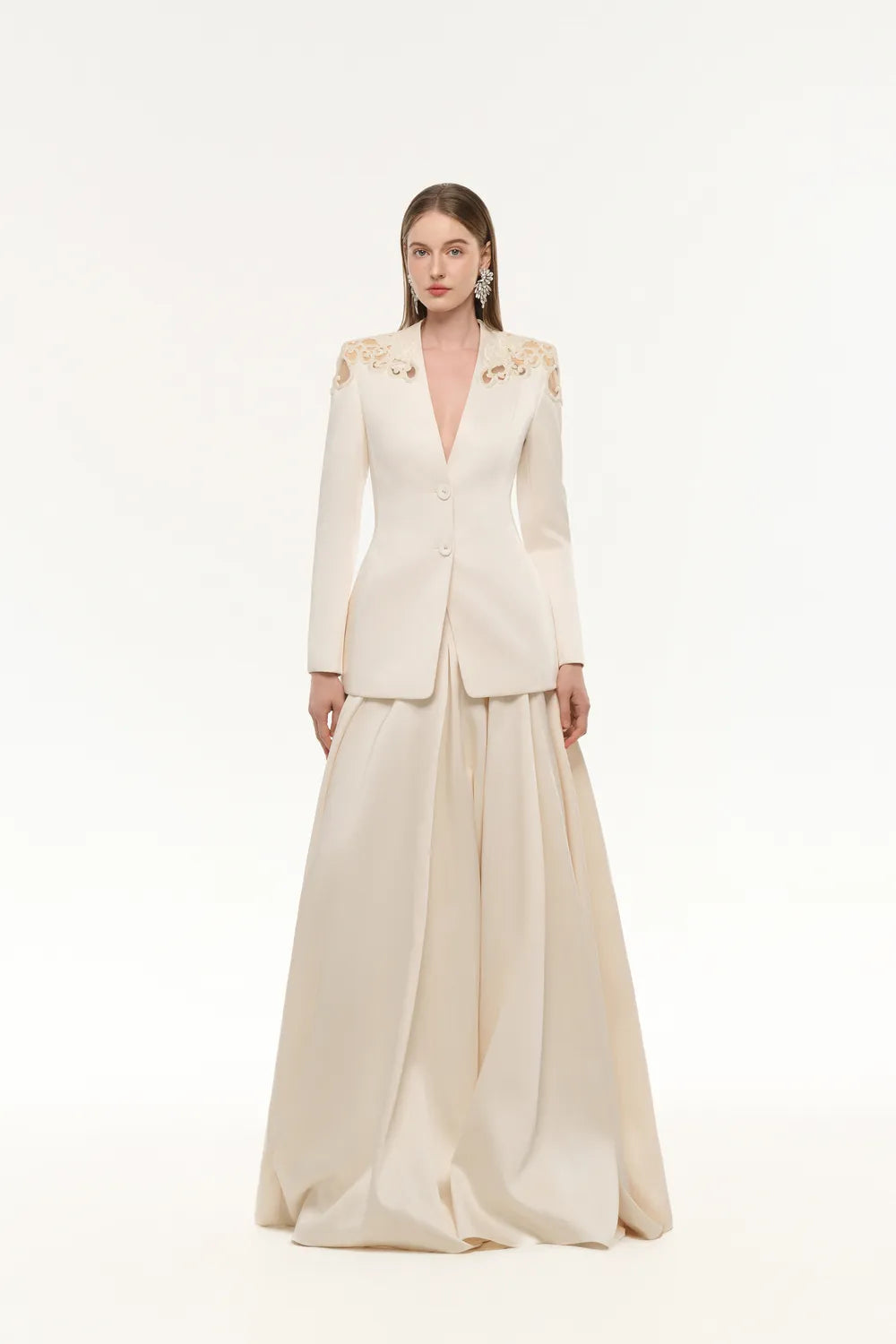 See-Through Shoulder Blazer With Gathered Puffy Skirt Set - TRACY COUTURE