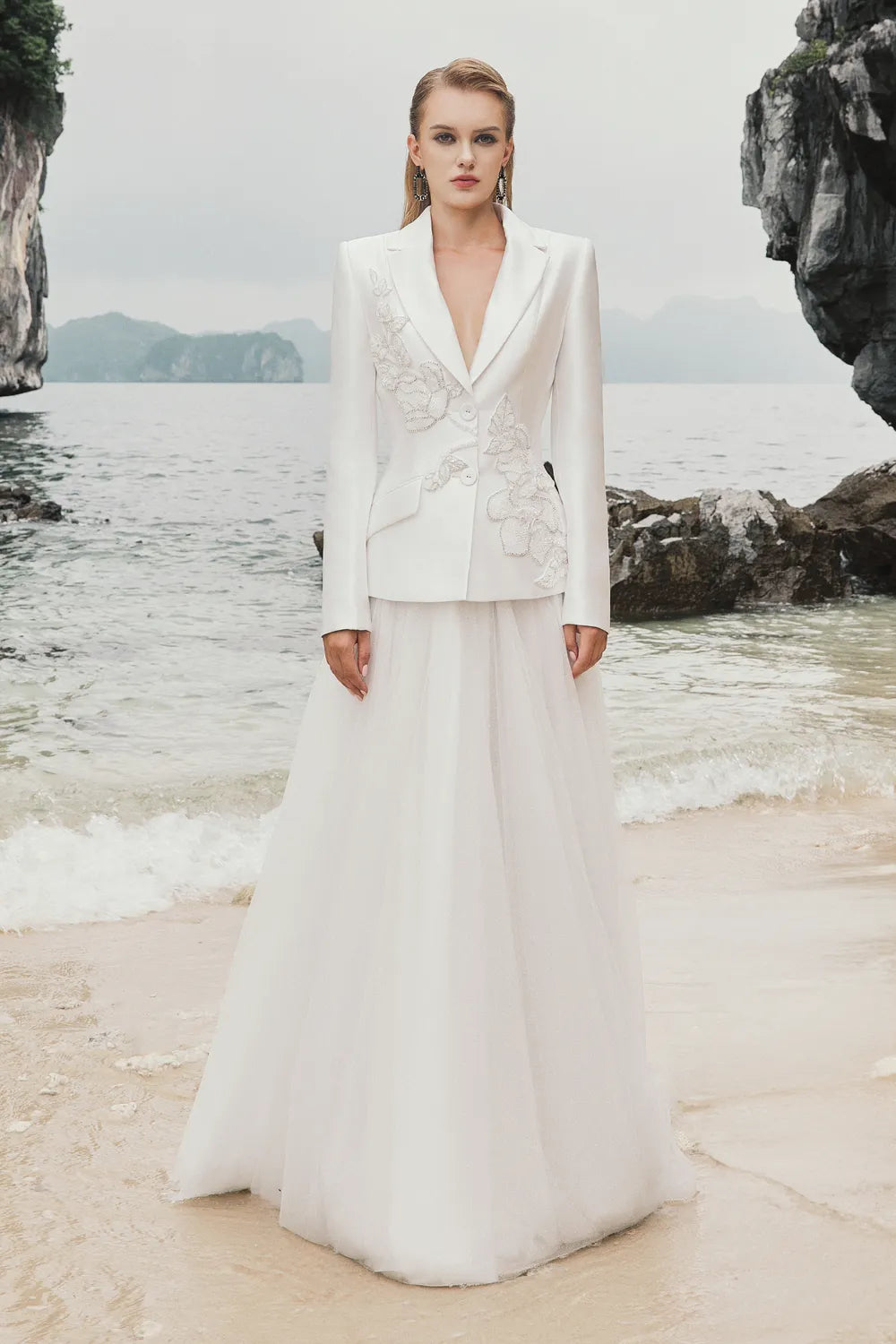 Notched Lapel Floral Embellished Blazer And Gathered Flared A-Line Skirt Set