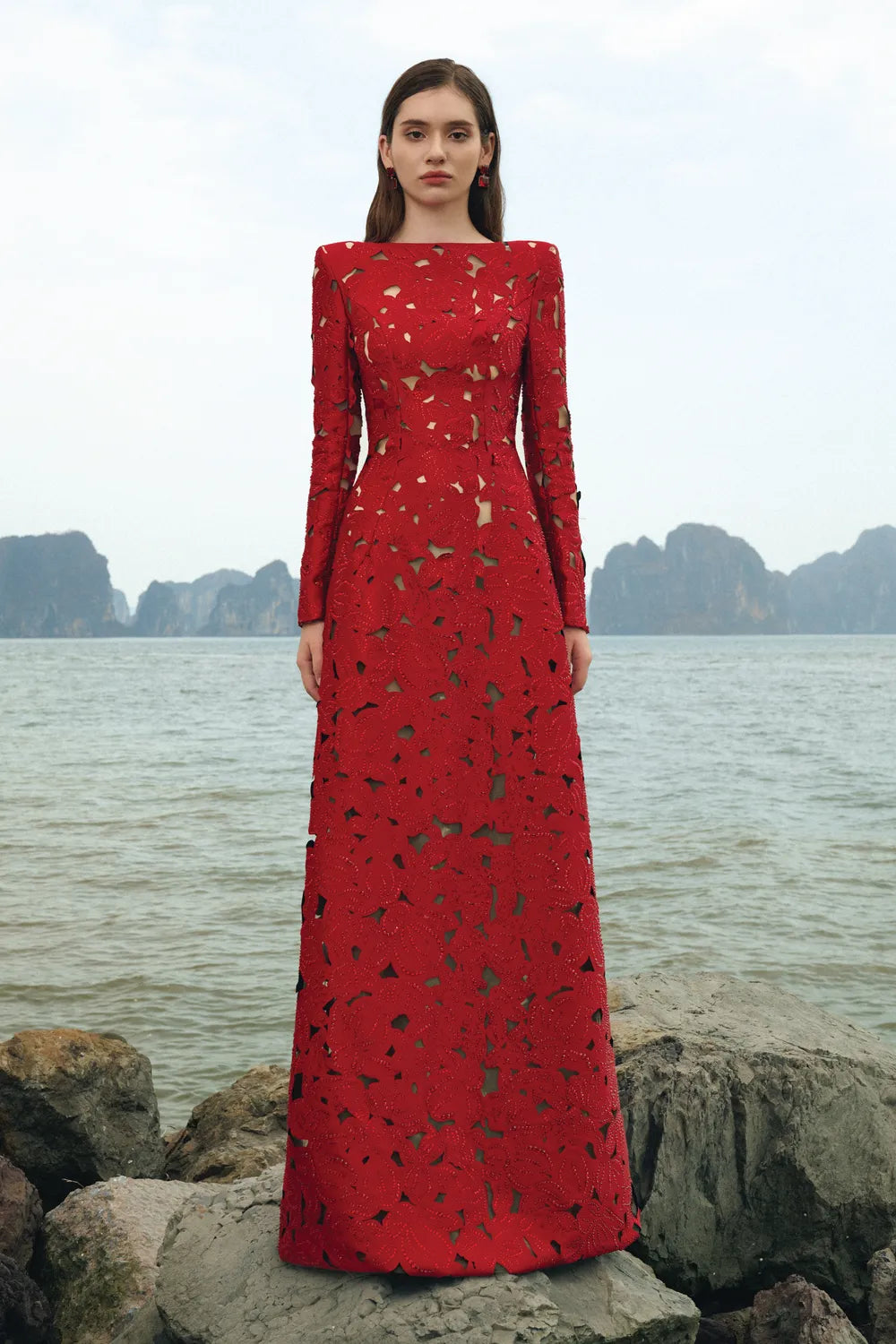 Long Sleeves Boat Neck Floral Lasercut Dress S / Red Long Sleeves Boat Neck Floral Lasercut Dress S / Red