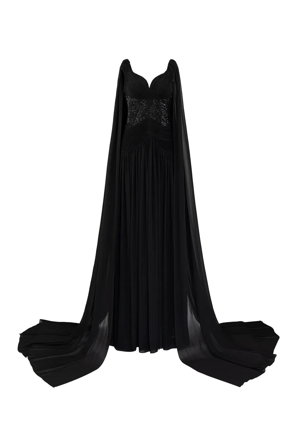 Stylized Neckline Wavy Flowing Cape Sleeves Dress