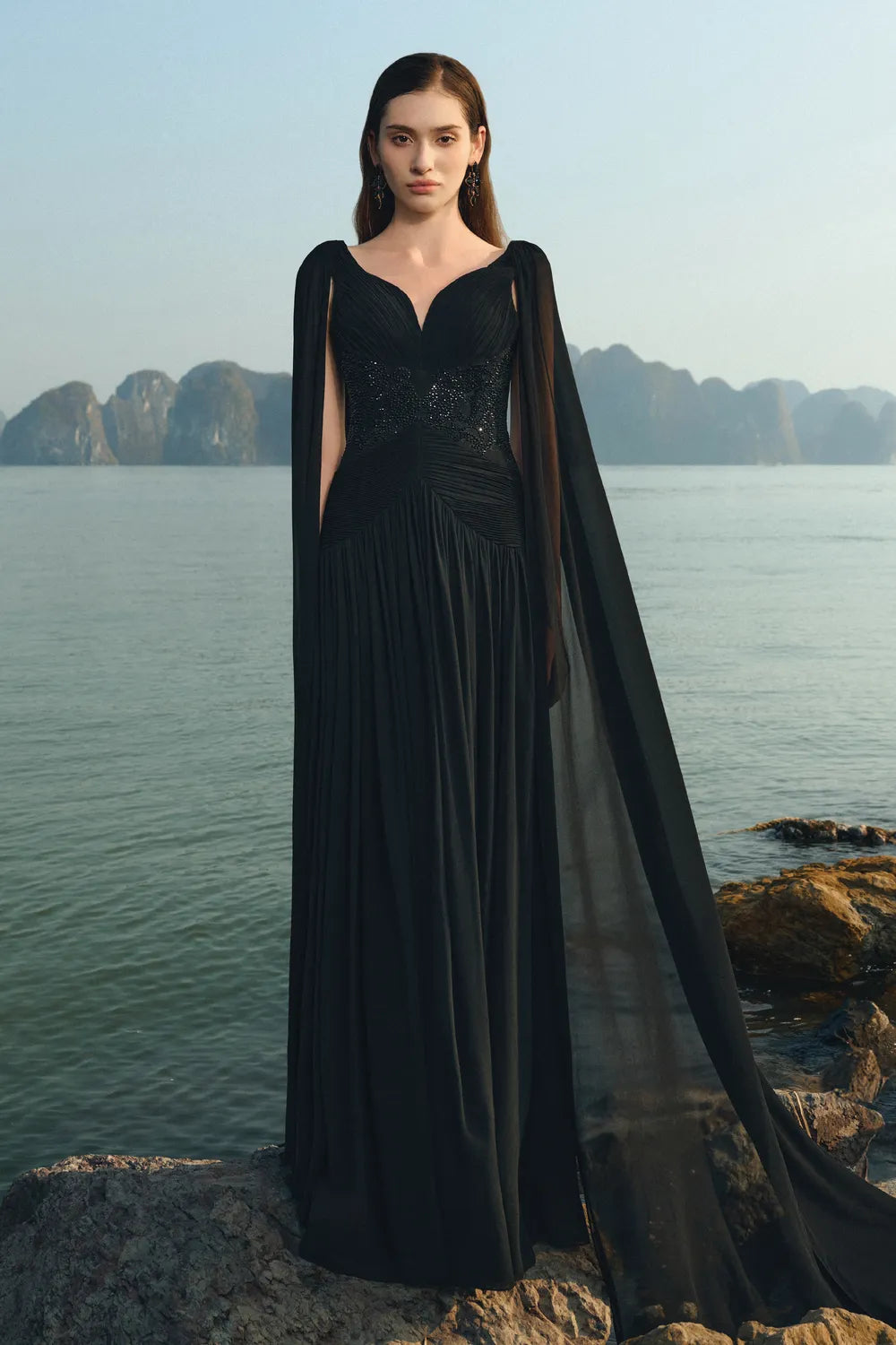 Stylized Neckline Wavy Flowing Cape Sleeves Dress