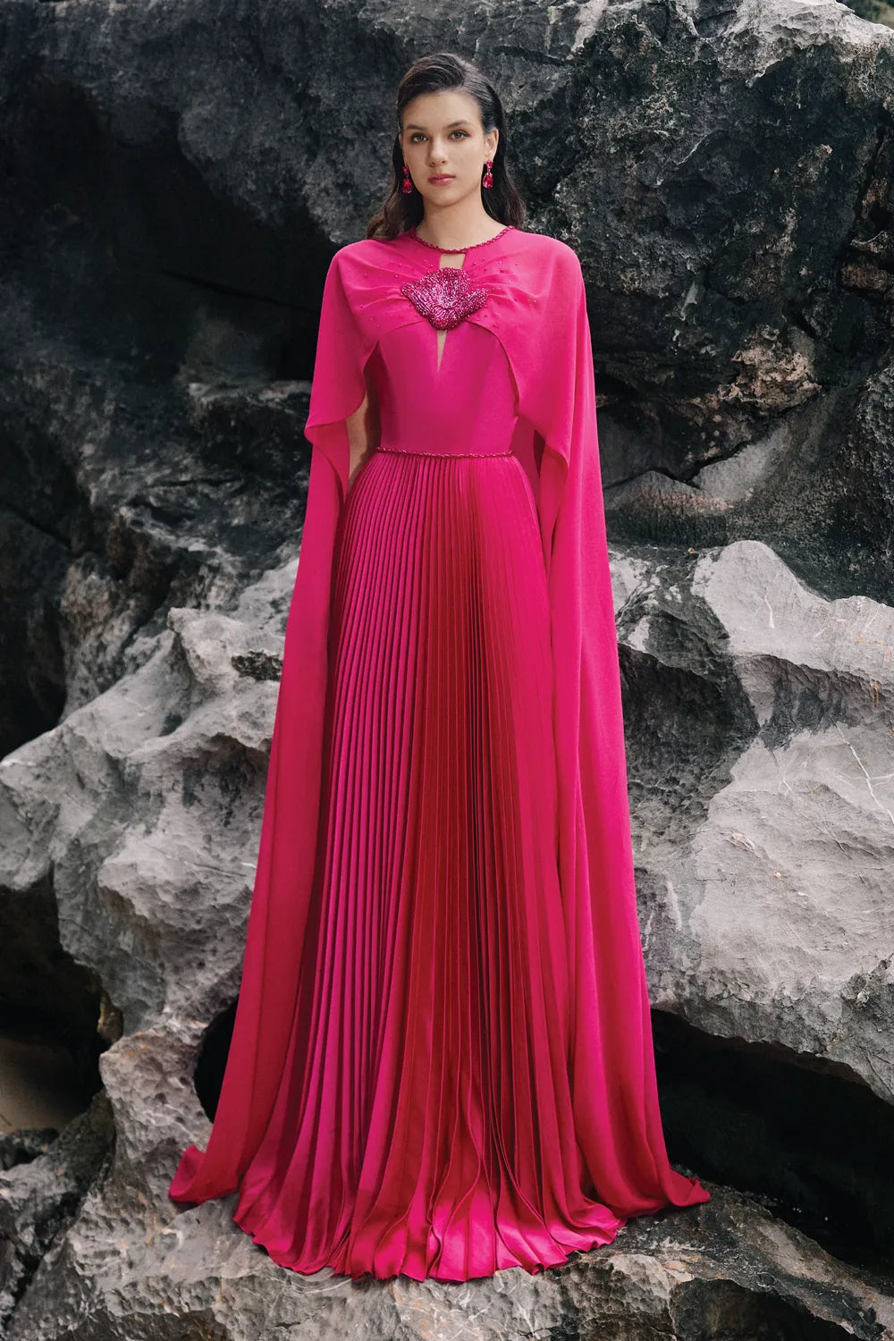 Long Sleeves Cape Pleated Dress