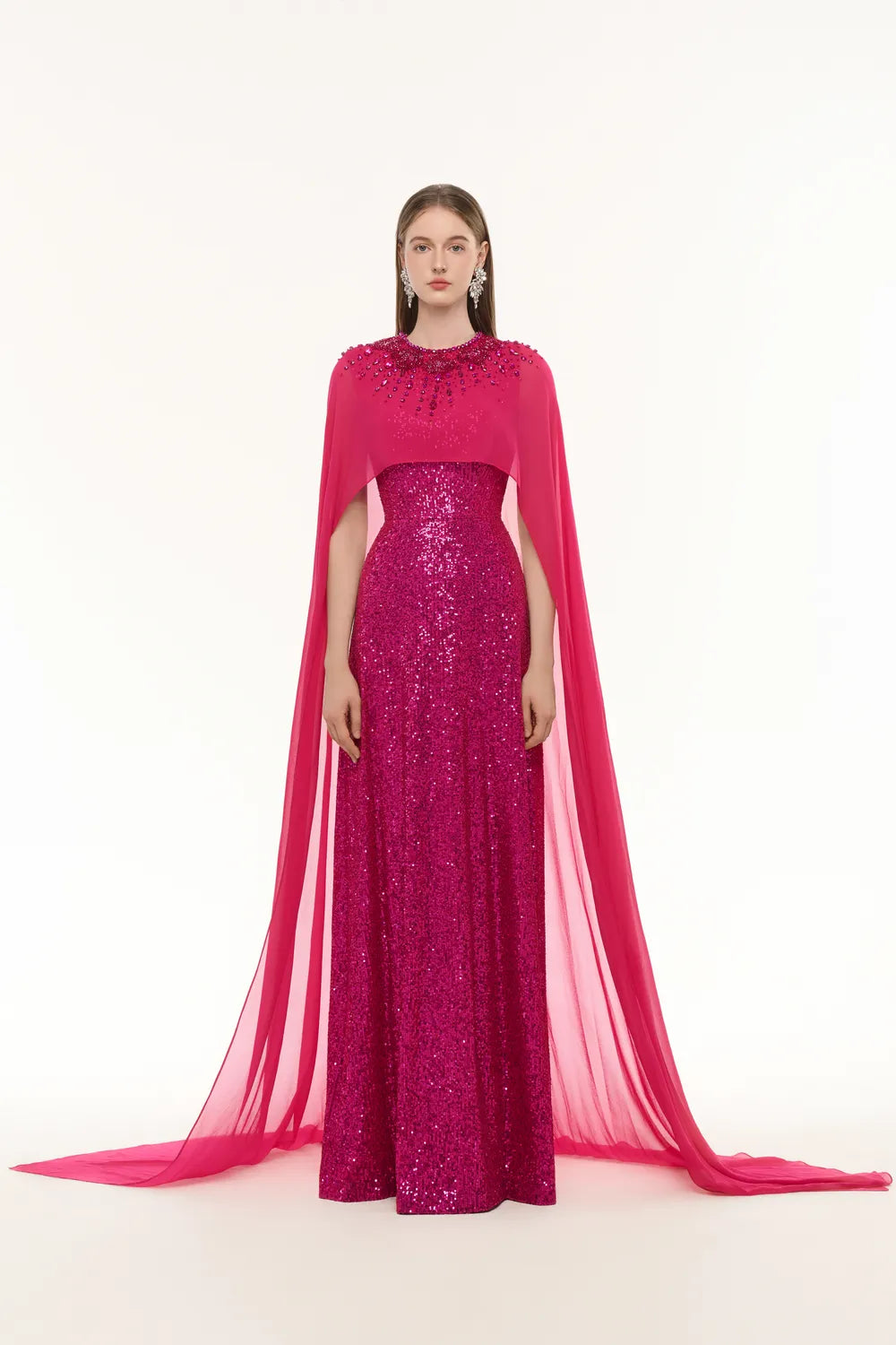 Flowing Cape With Sequin Straight Dress Set - TRACY COUTURE