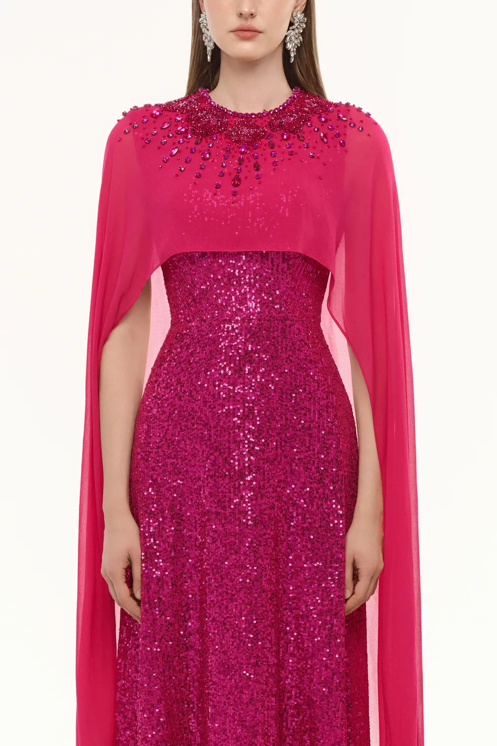 Flowing Cape With Sequin Straight Dress Set - TRACY COUTURE