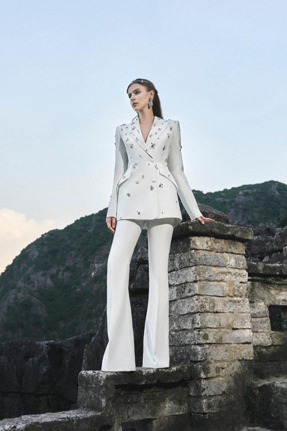 Stone Embellishments Blazer With Straight Trousers Set