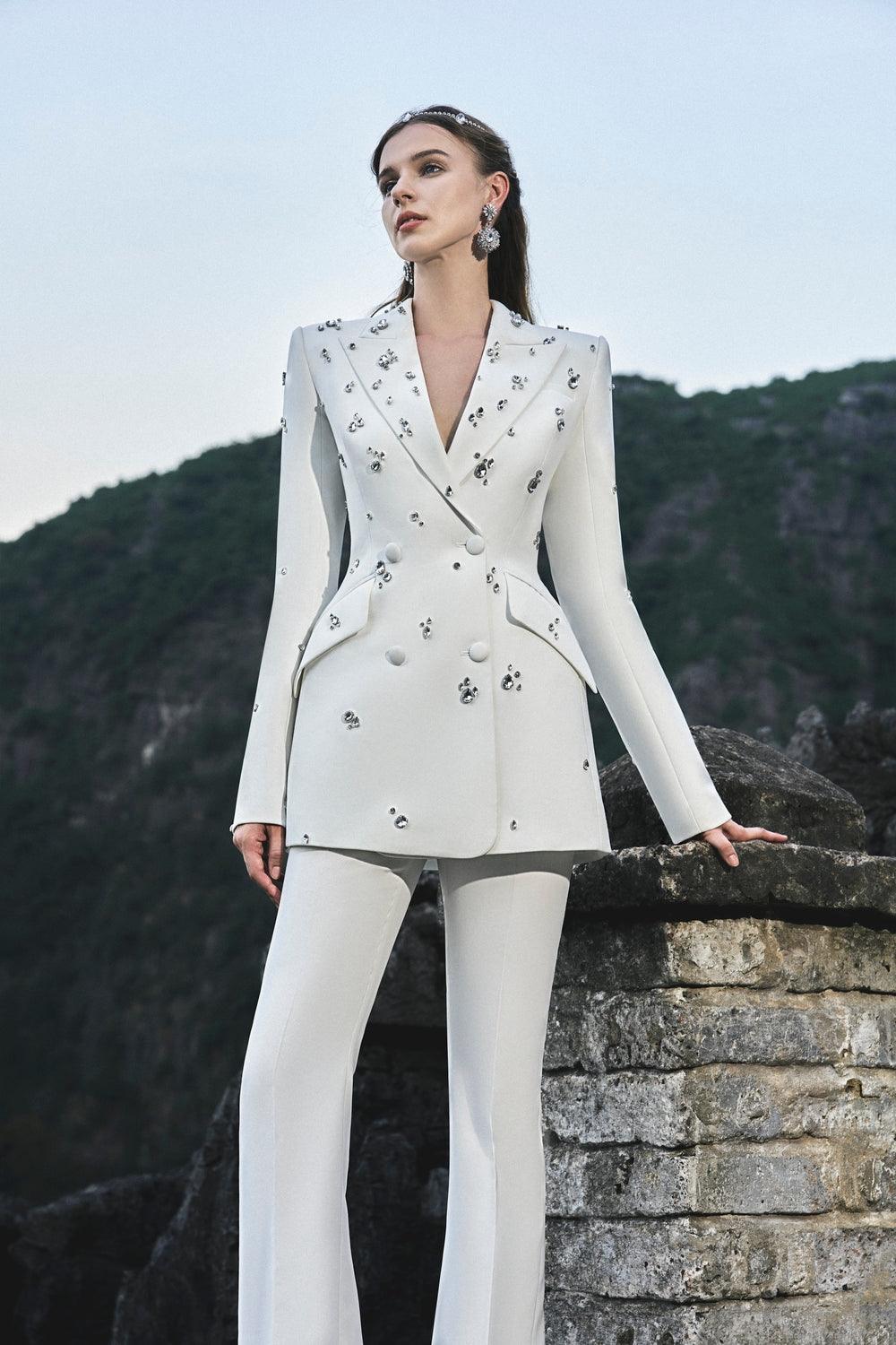 Stone Embellishments Blazer With Straight Trousers Set