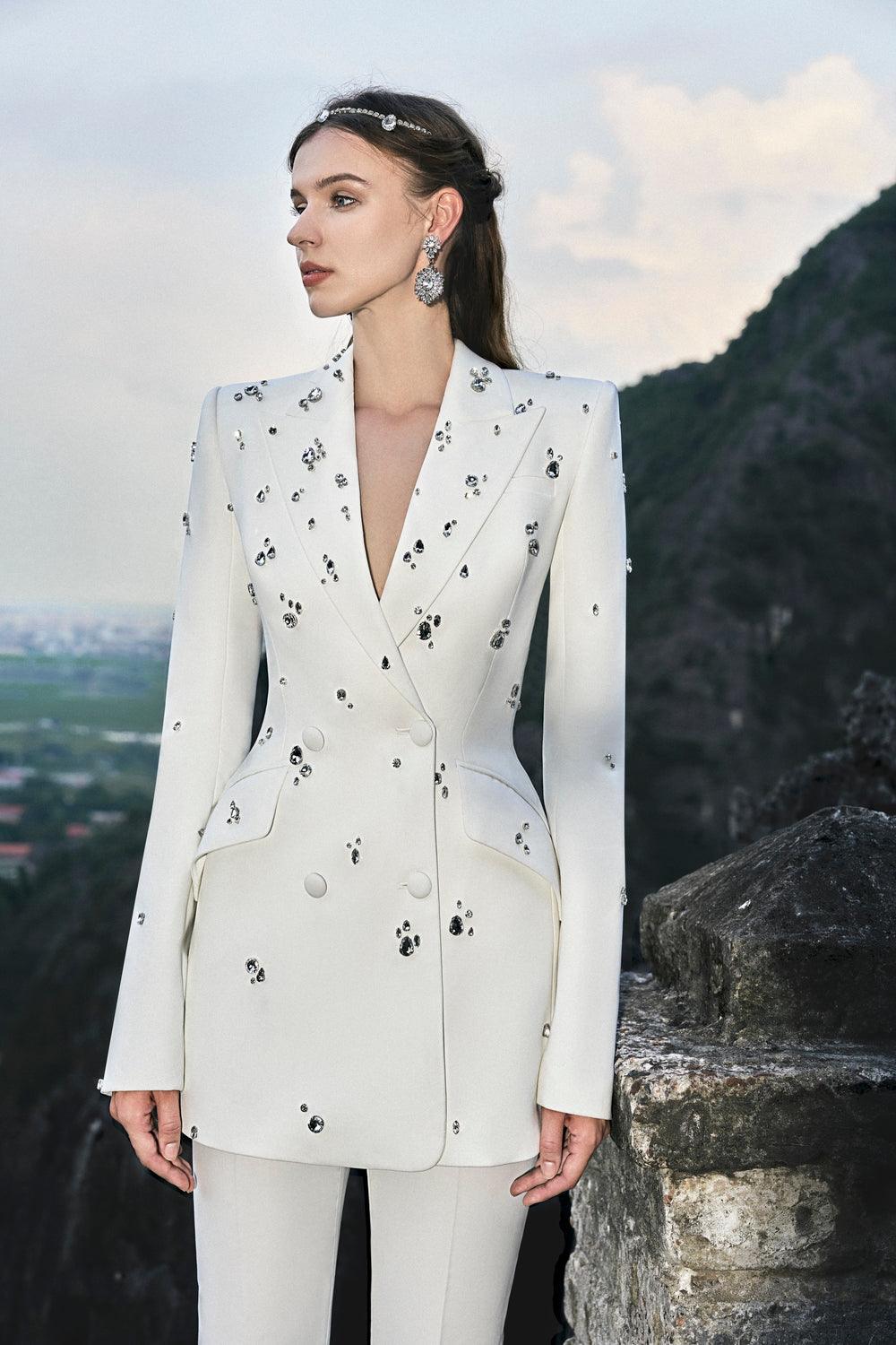 Stone Embellishments Blazer With Straight Trousers Set