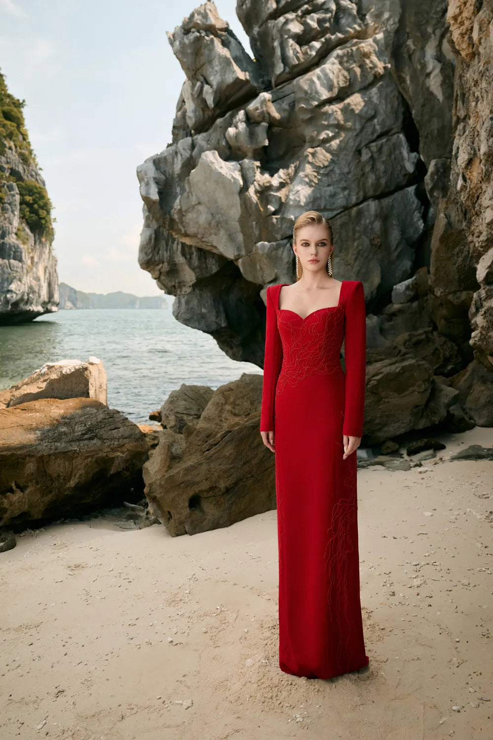 Queen Anne Neckline Crystal Embellished Dress TRACY COUTURE Queen Anne Neckline Crystal Embellished Dress TRACY COUTURE