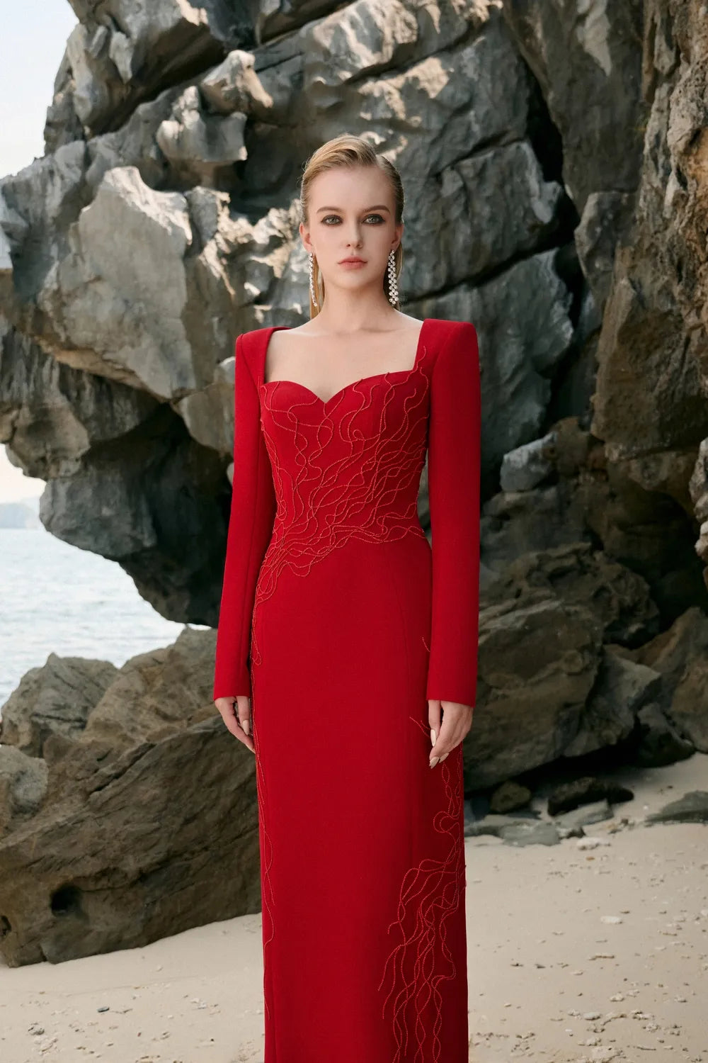 Queen Anne Neckline Crystal Embellished Dress