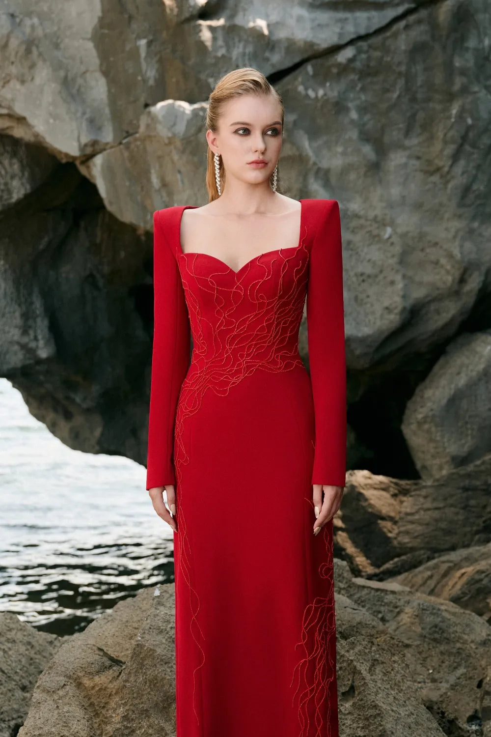 Queen Anne Neckline Crystal Embellished Dress