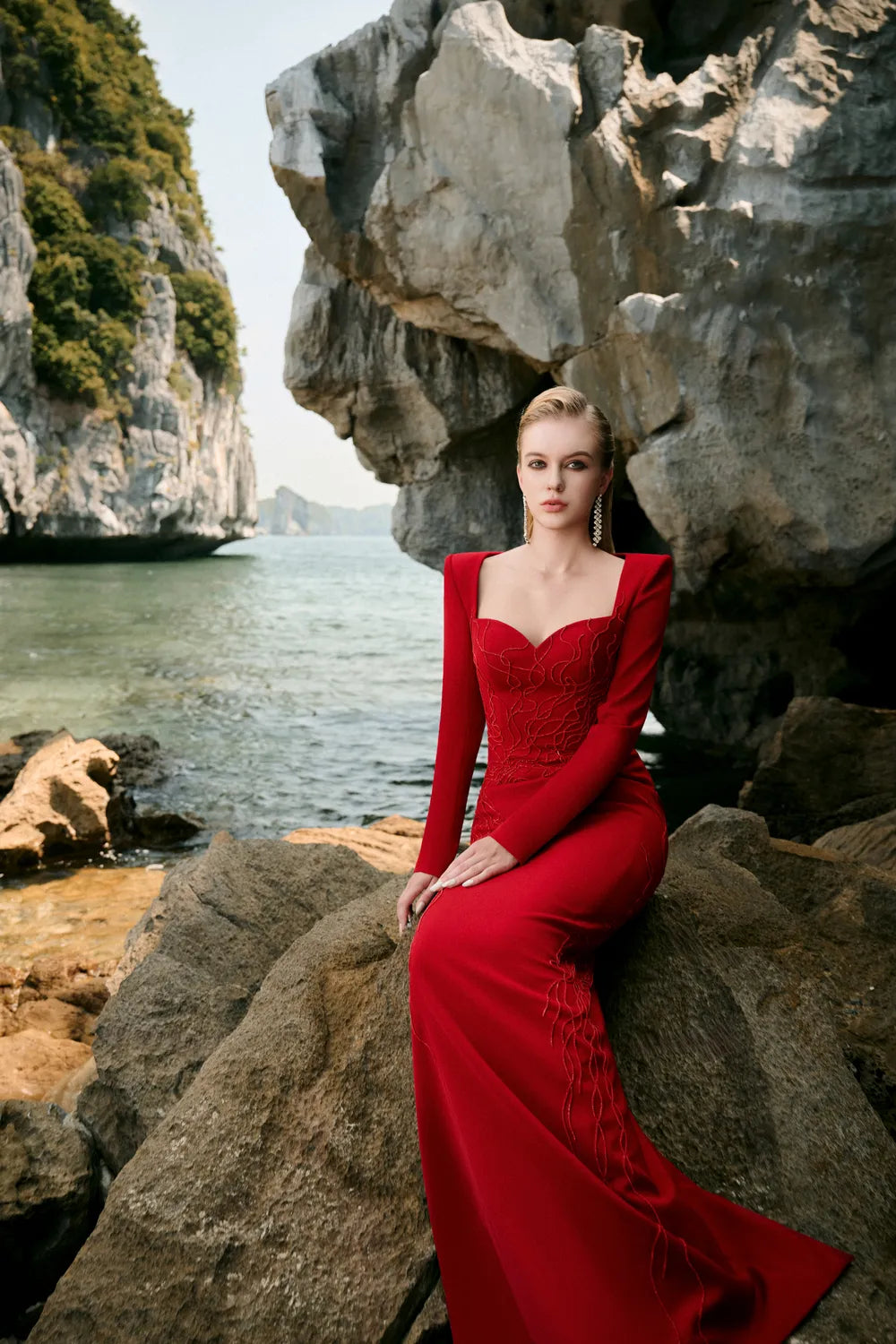 Queen Anne Neckline Crystal Embellished Dress