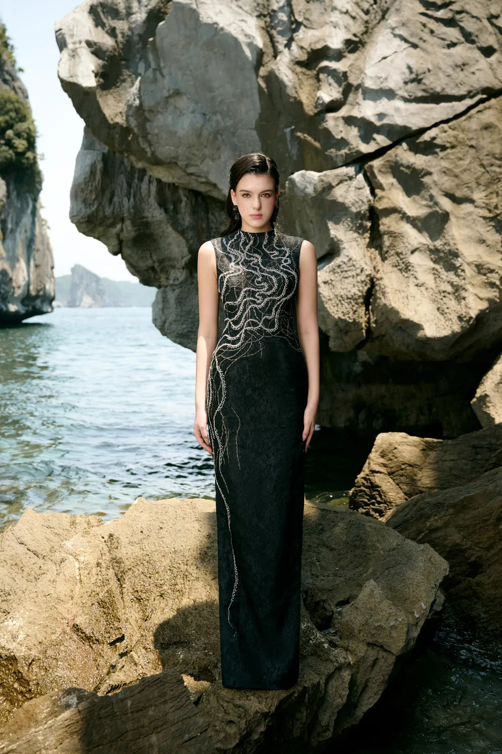 High Neck Crystal Embellished Straight Dress