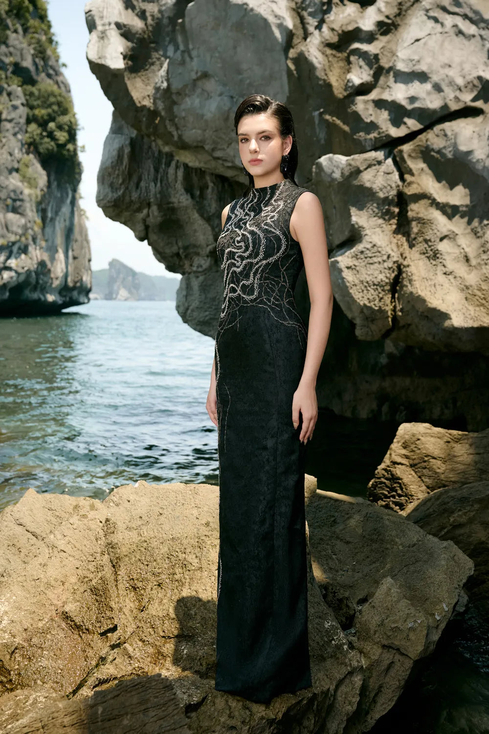 High Neck Crystal Embellished Straight Dress