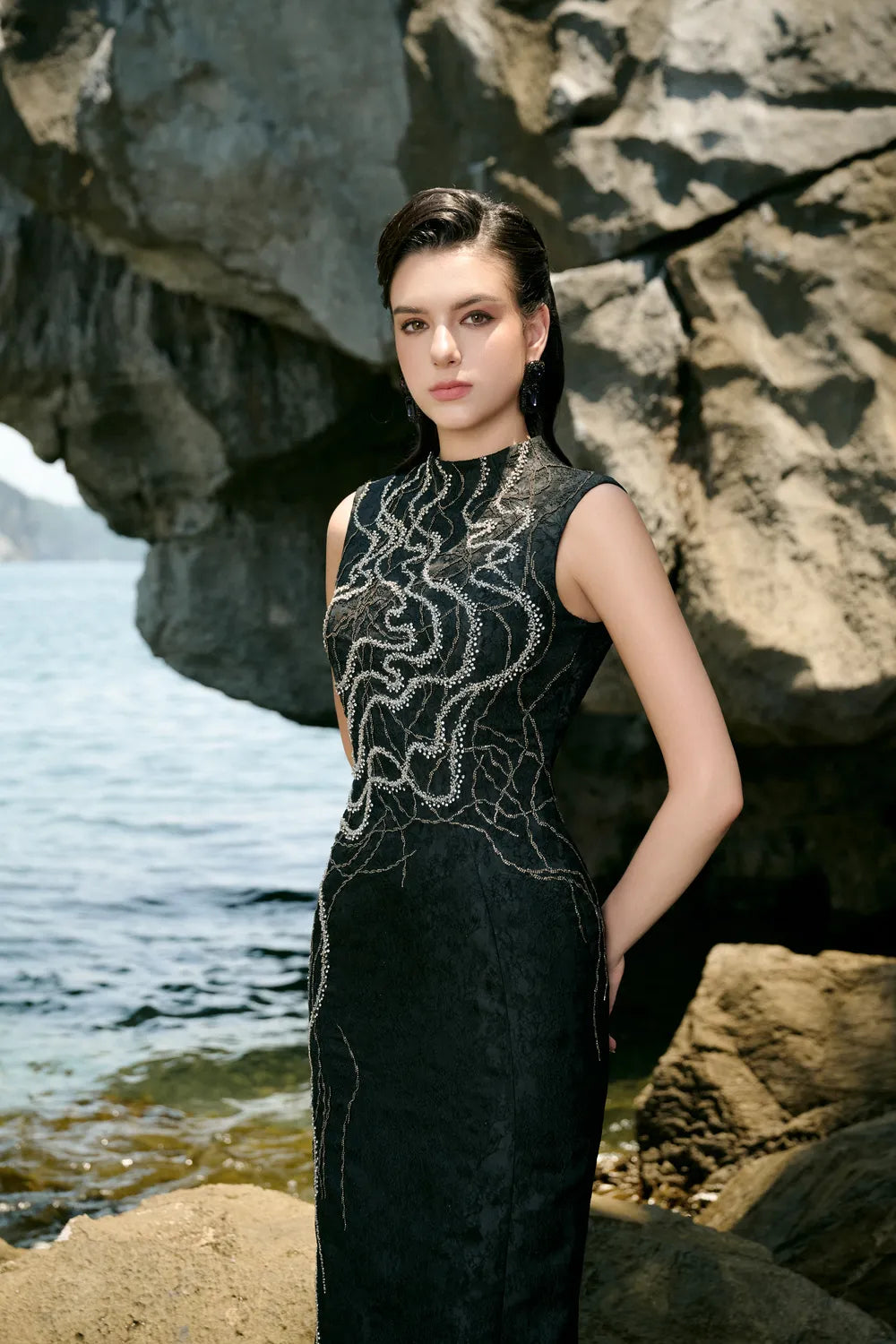 High Neck Crystal Embellished Straight Dress