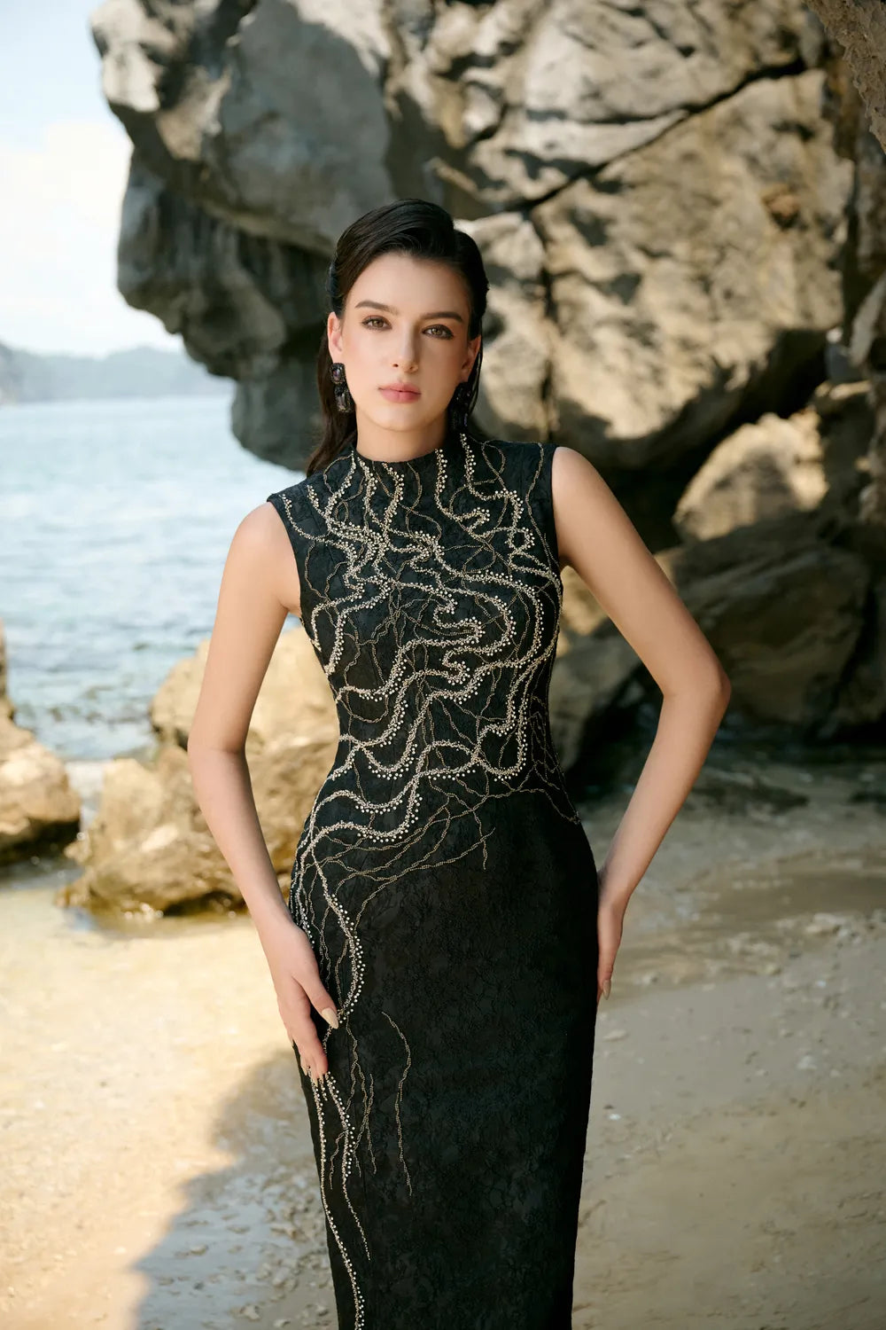 High Neck Crystal Embellished Straight Dress