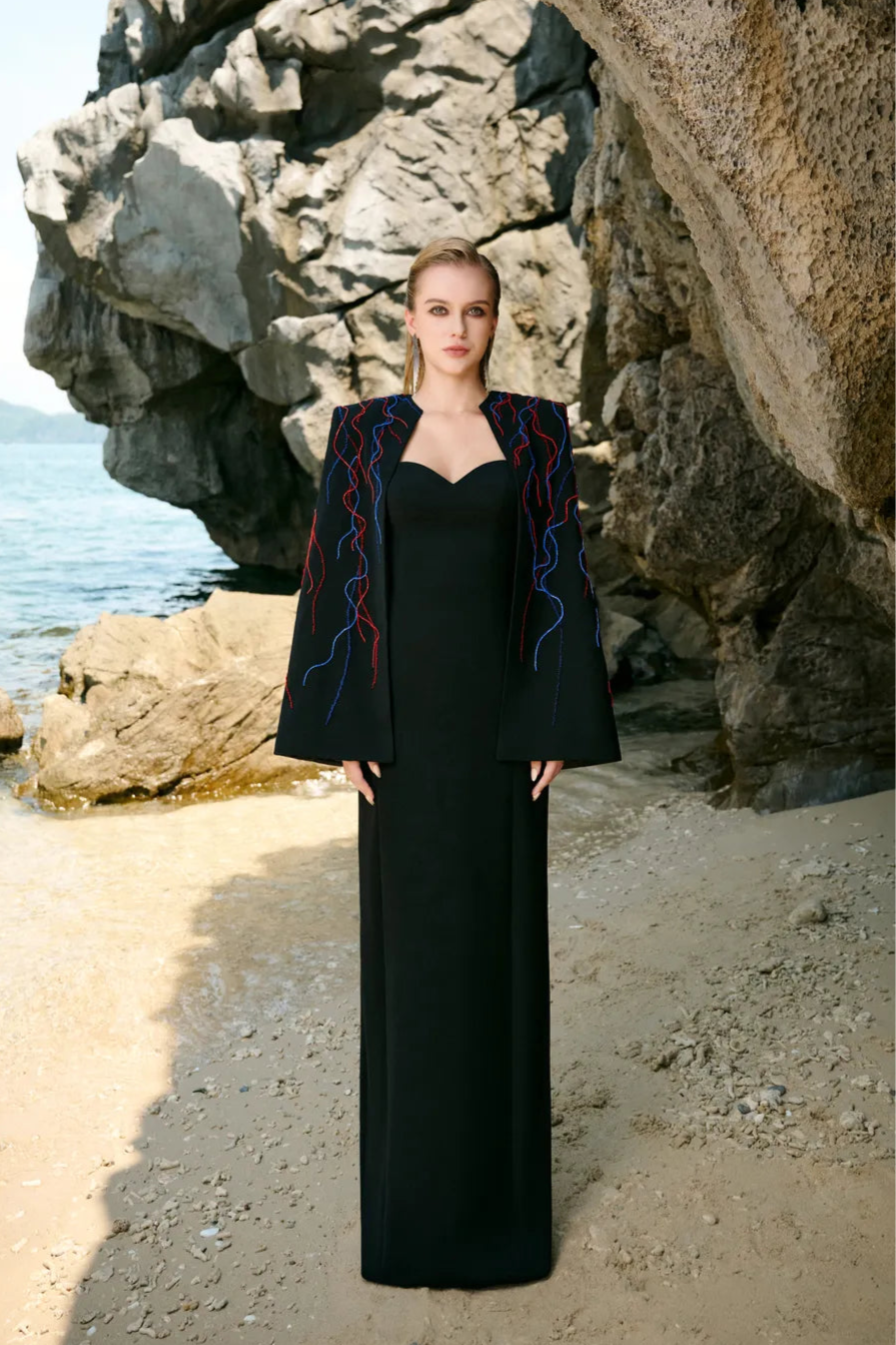 Wavy Crystal Embellished Flared Short Cape And Heart Chest Straight Dress Set