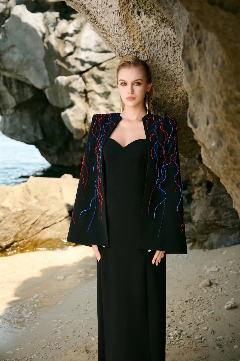 Wavy Crystal Embellished Flared Short Cape And Heart Chest Straight Dress Set