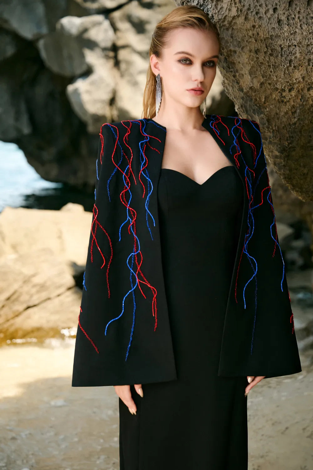 Wavy Crystal Embellished Flared Short Cape And Heart Chest Straight Dress Set