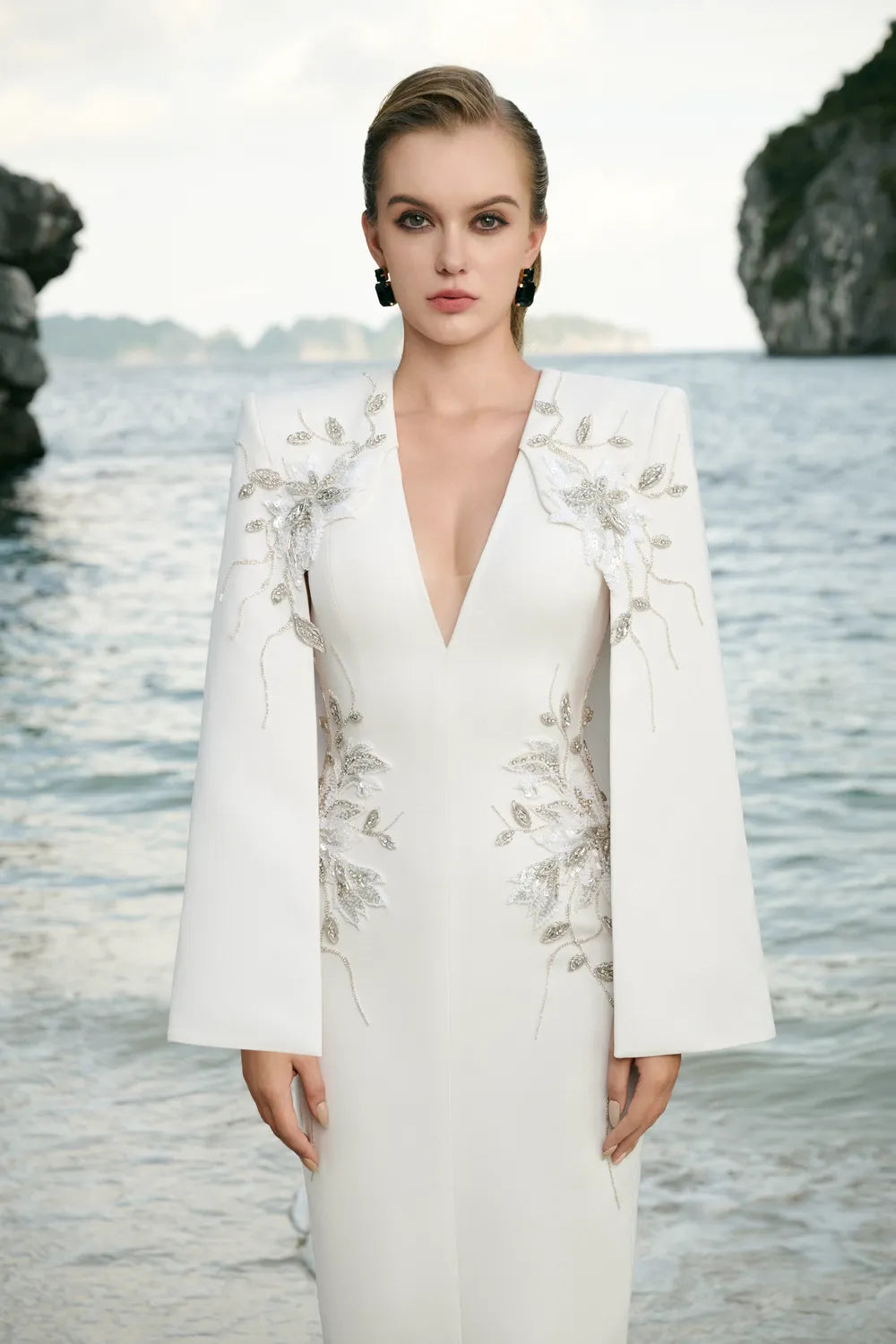 Cape Sleeves V-Neck Midi Dress