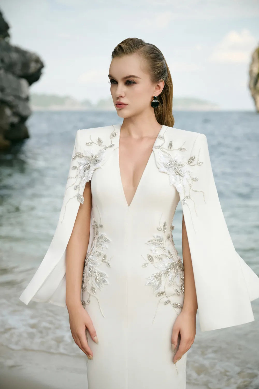 Cape Sleeves V-Neck Midi Dress