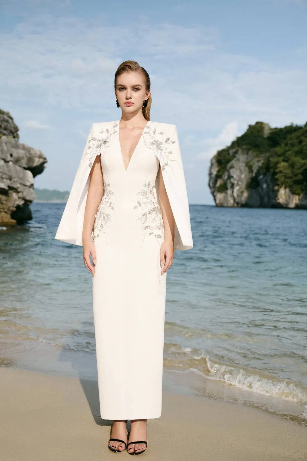 Cape Sleeves V-Neck Midi Dress