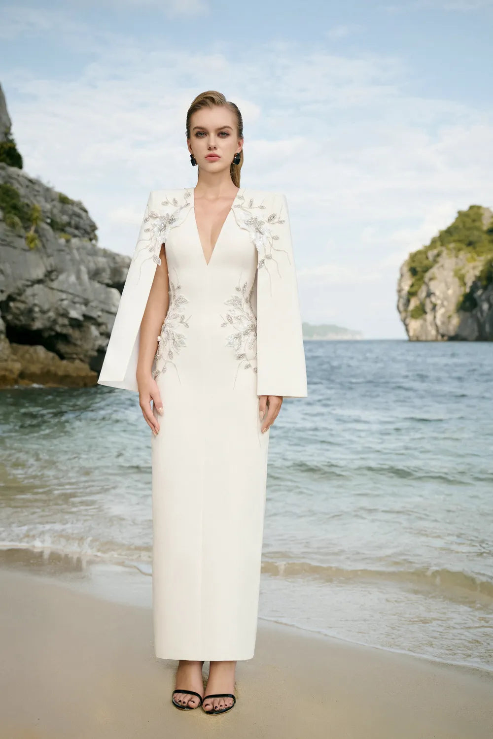 Cape Sleeves V-Neck Midi Dress