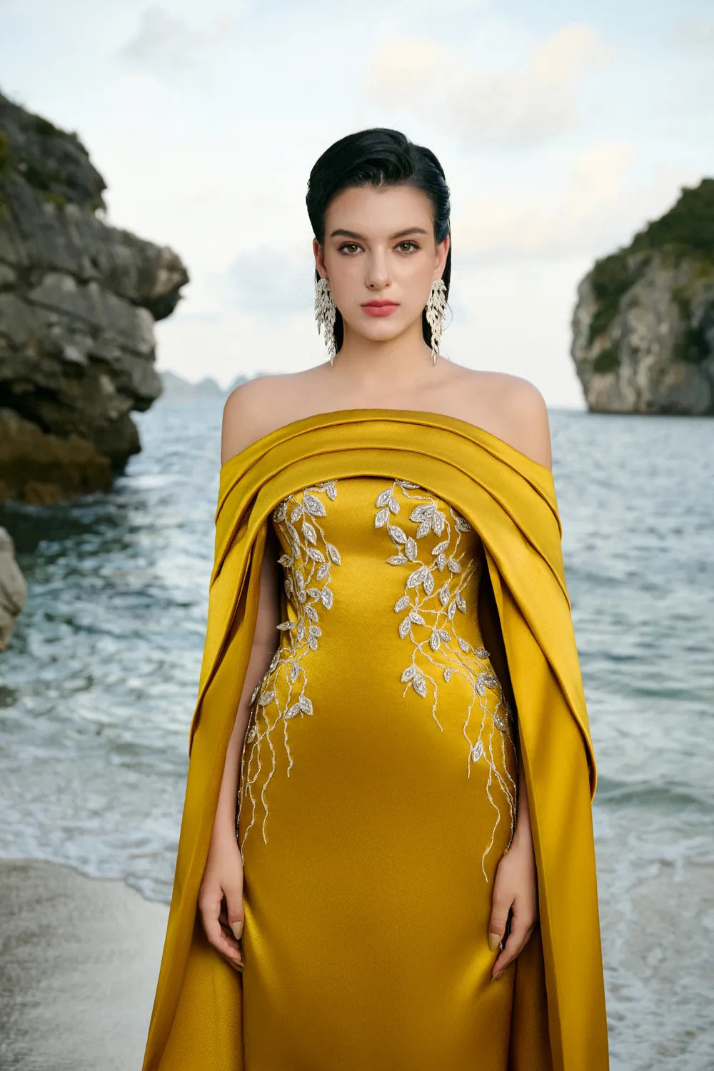 Curved Draped Off Shoulder With Long Sleeve Cape Dress