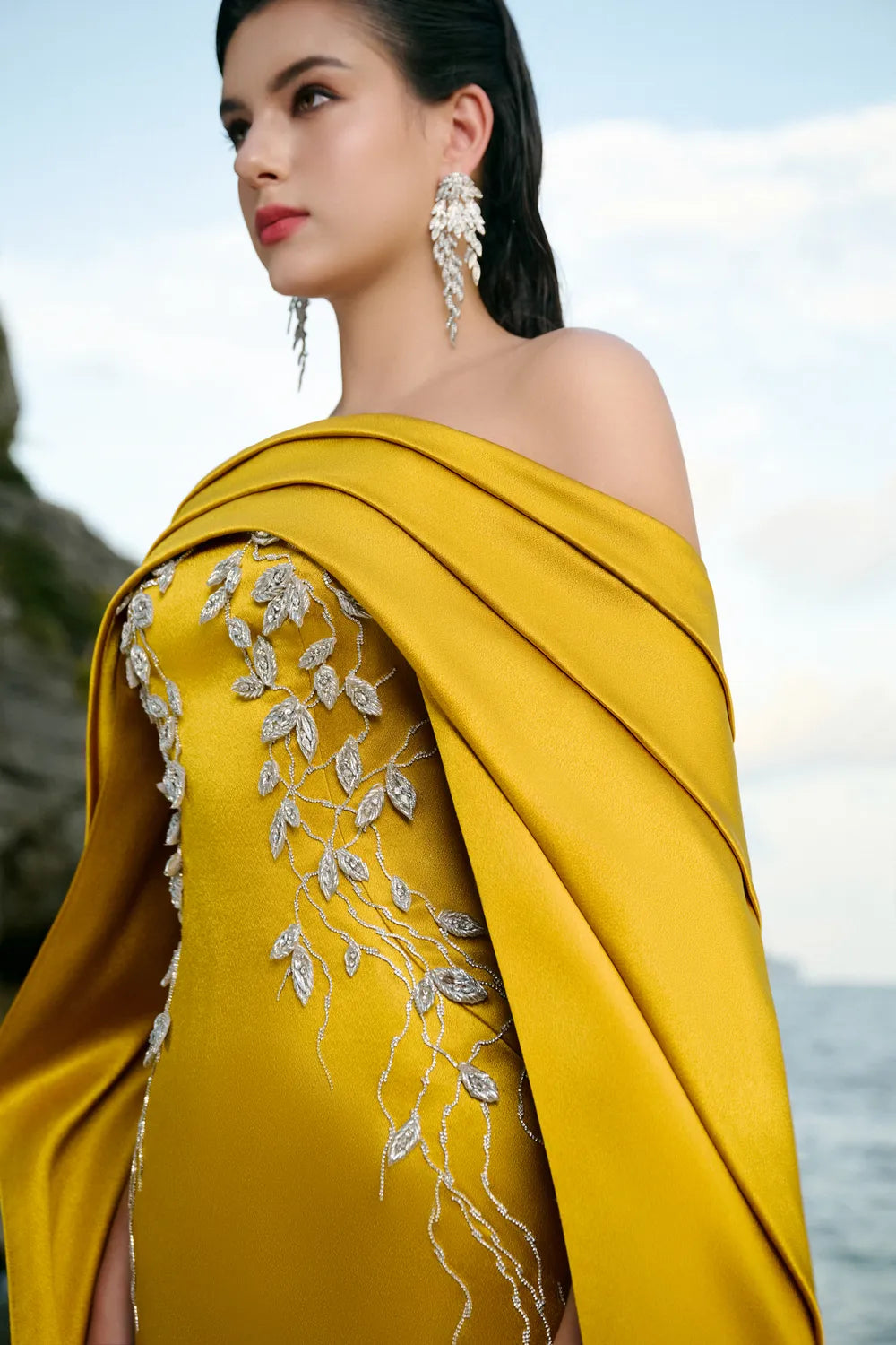 Curved Draped Off Shoulder With Long Sleeve Cape Dress