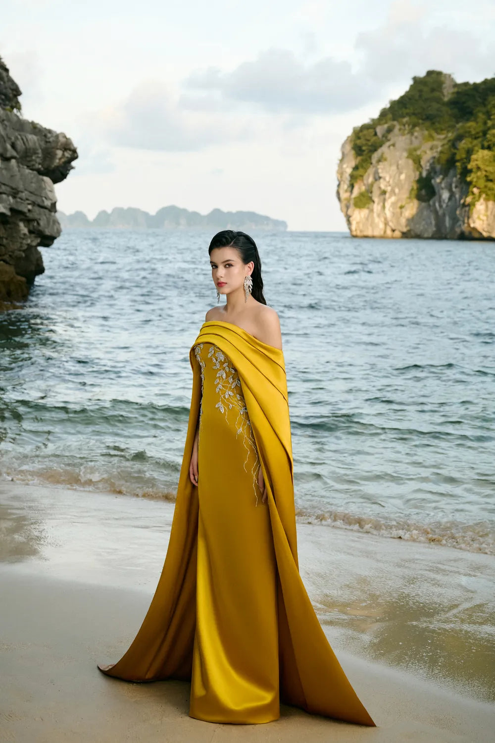 Curved Draped Off Shoulder With Long Sleeve Cape Dress