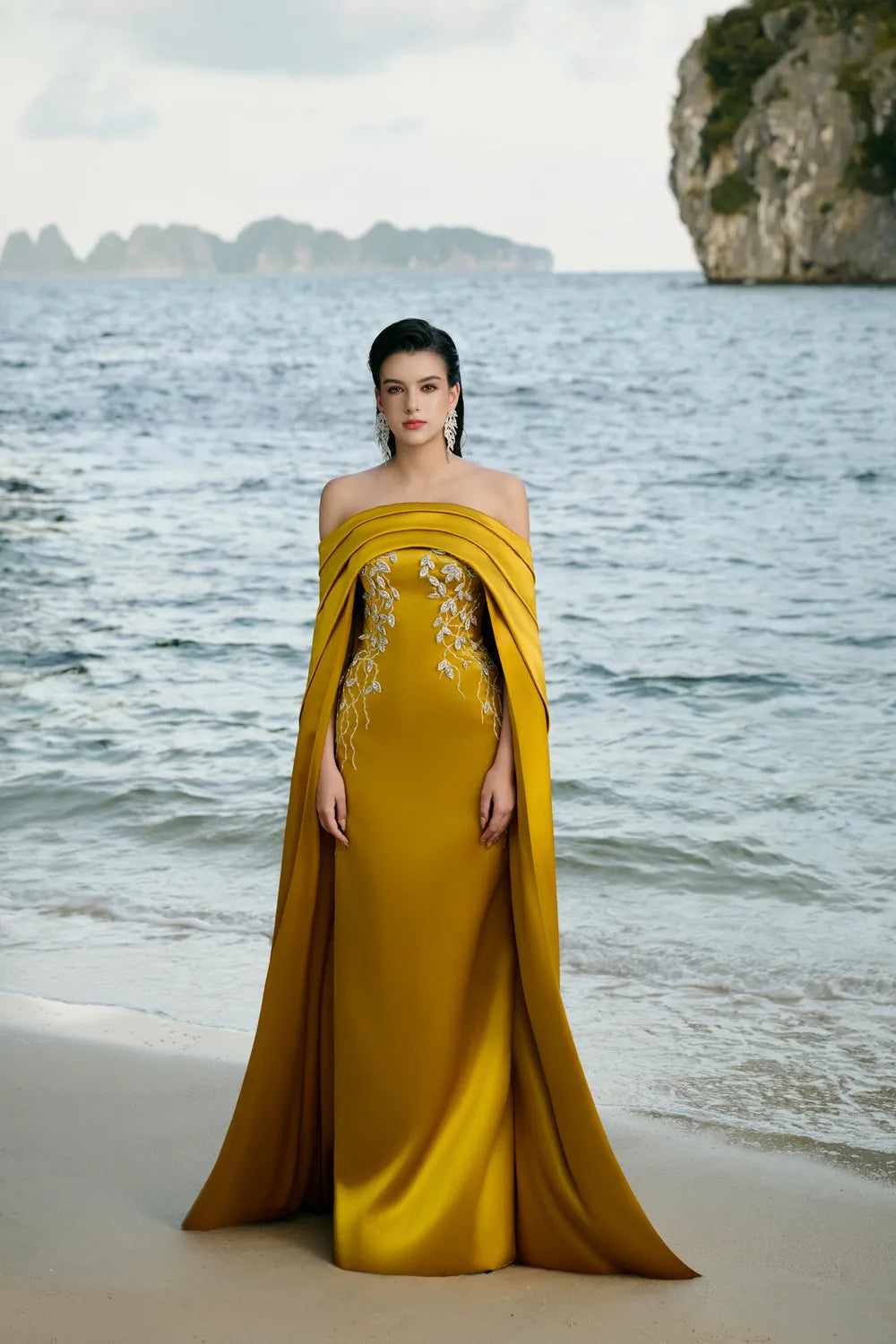 Curved Draped Off Shoulder With Long Sleeve Cape Dress