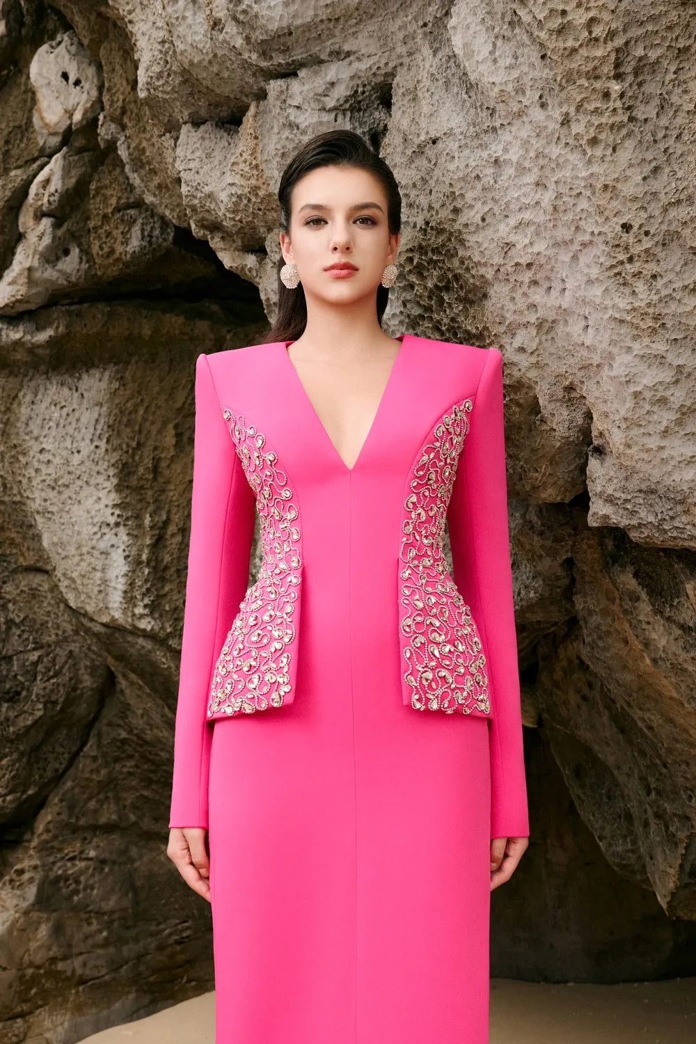 Deep V-Neck Crystal Embellished Flap Straight Dress