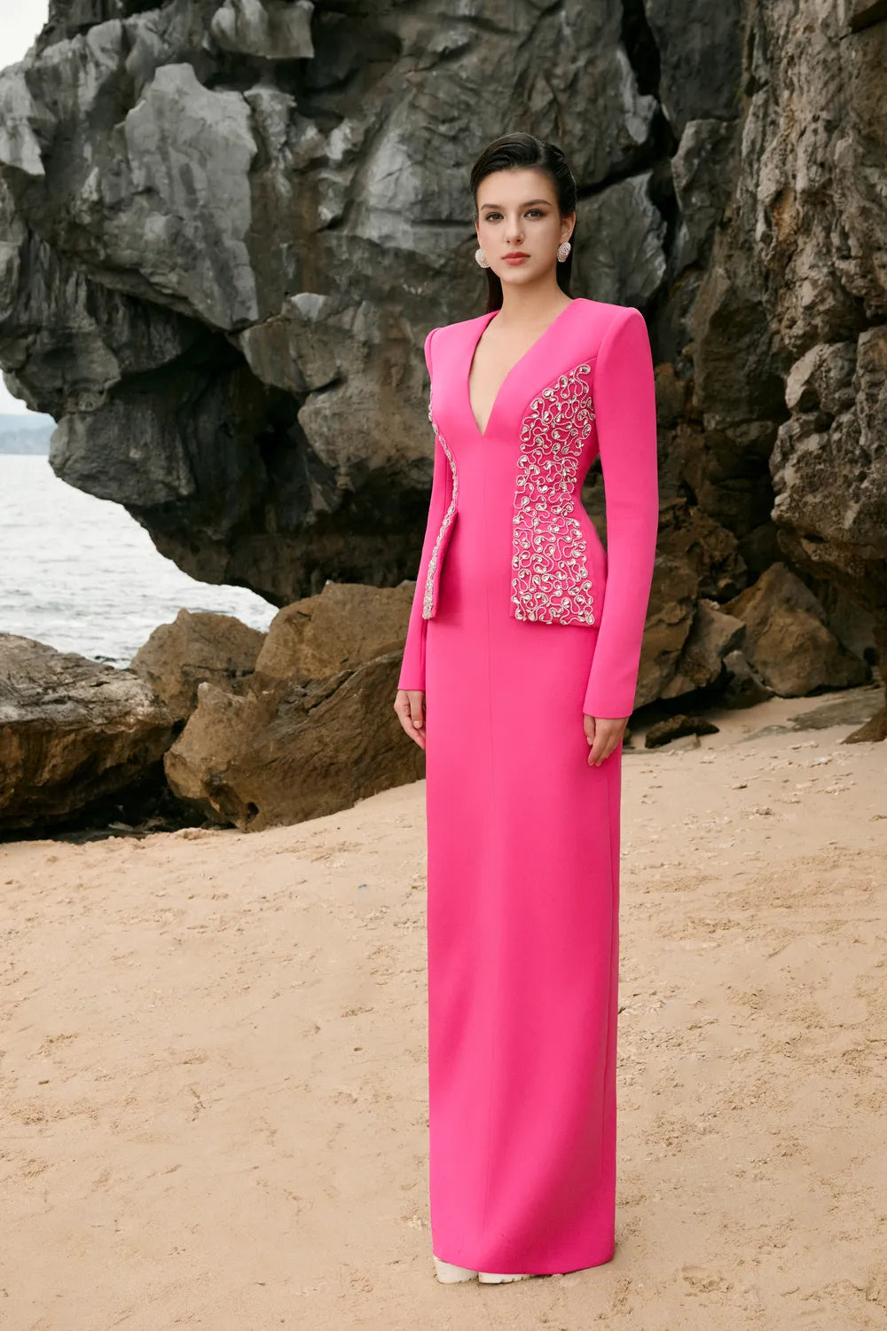 Deep V-Neck Crystal Embellished Flap Straight Dress