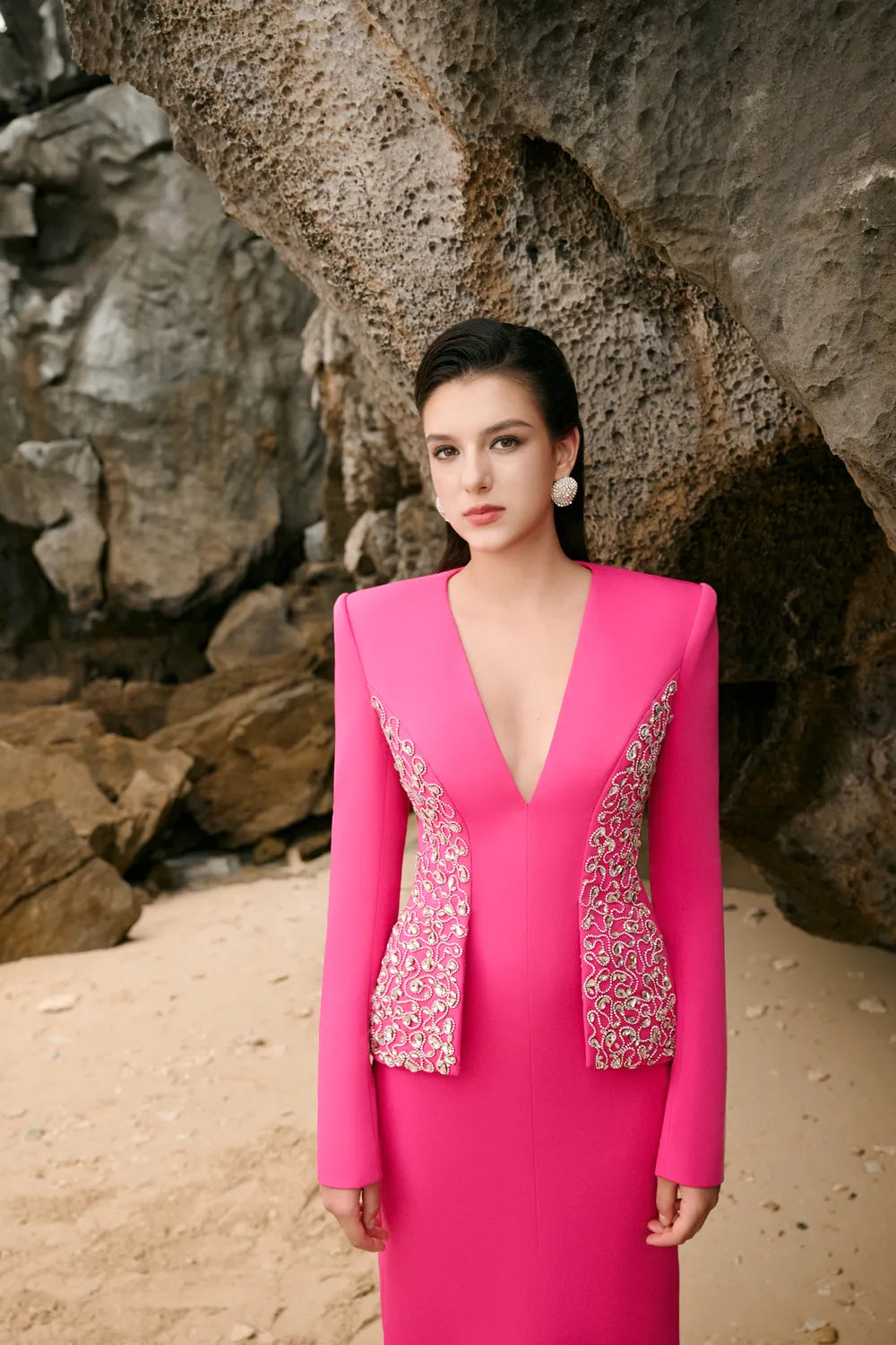 Deep V-Neck Crystal Embellished Flap Straight Dress