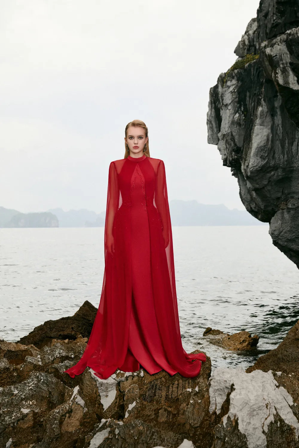 Long See-Through Cape Flared Dress