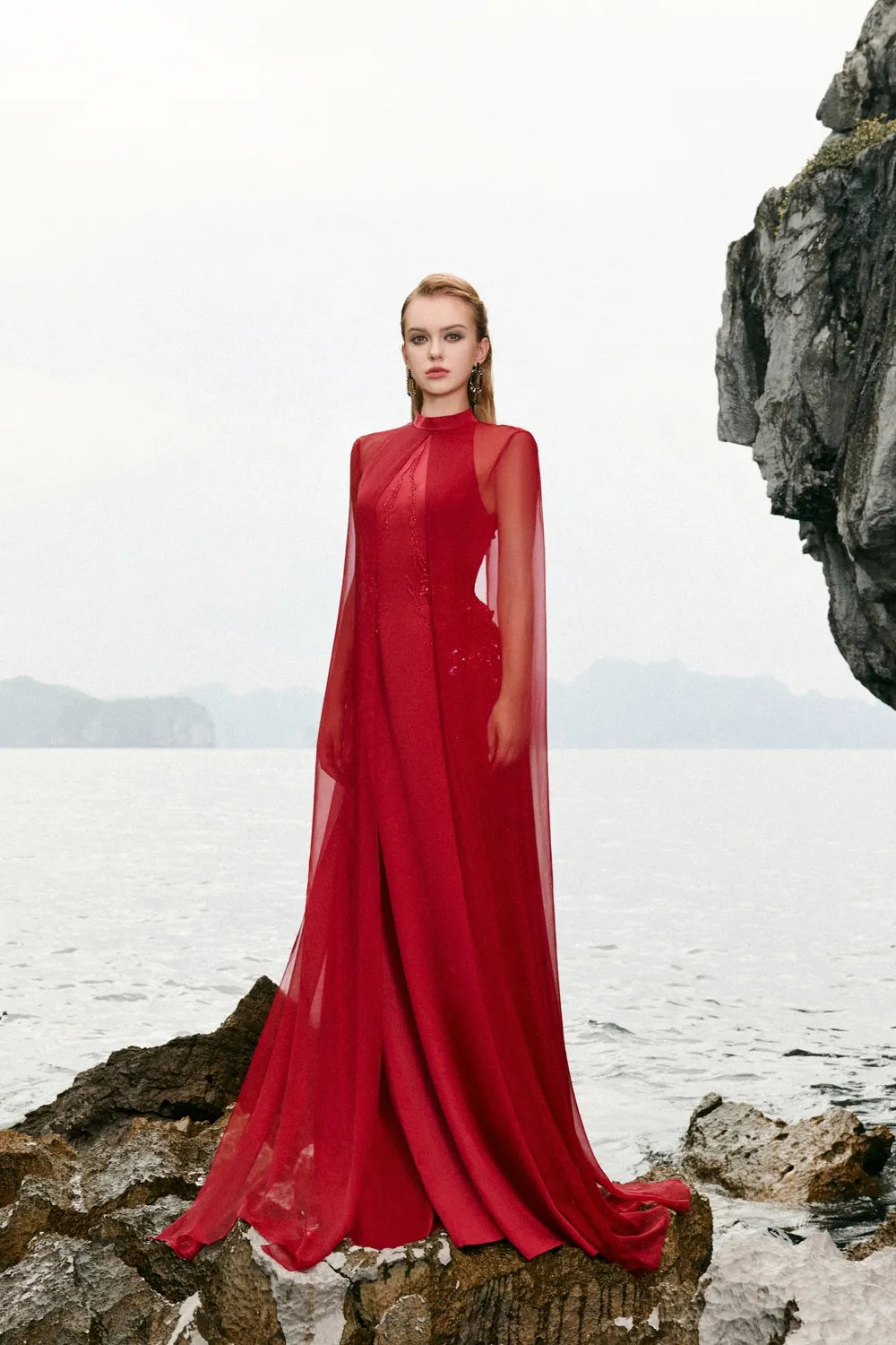 dress with sheer cape Long See-Through Cape Flared Dress – TRACY COUTURE