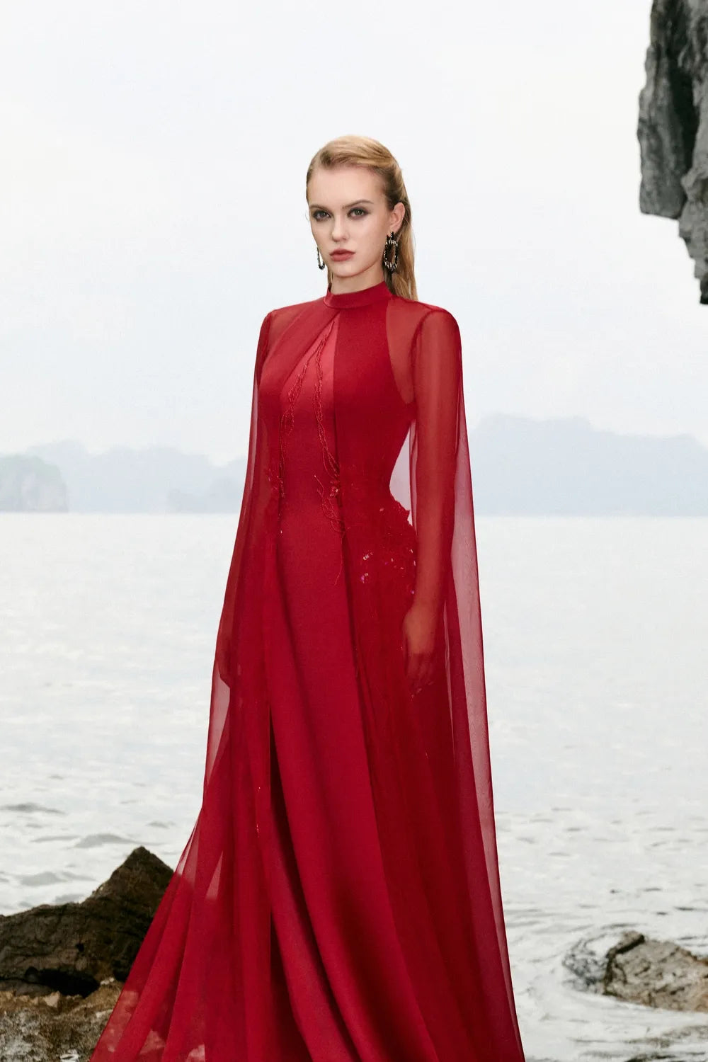 Long See-Through Cape Flared Dress