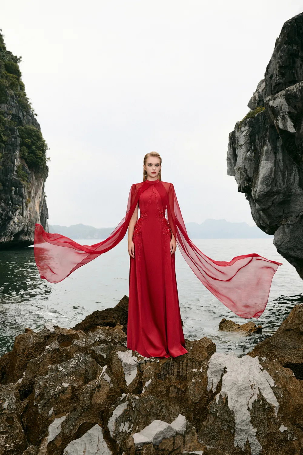 Long See-Through Cape Flared Dress