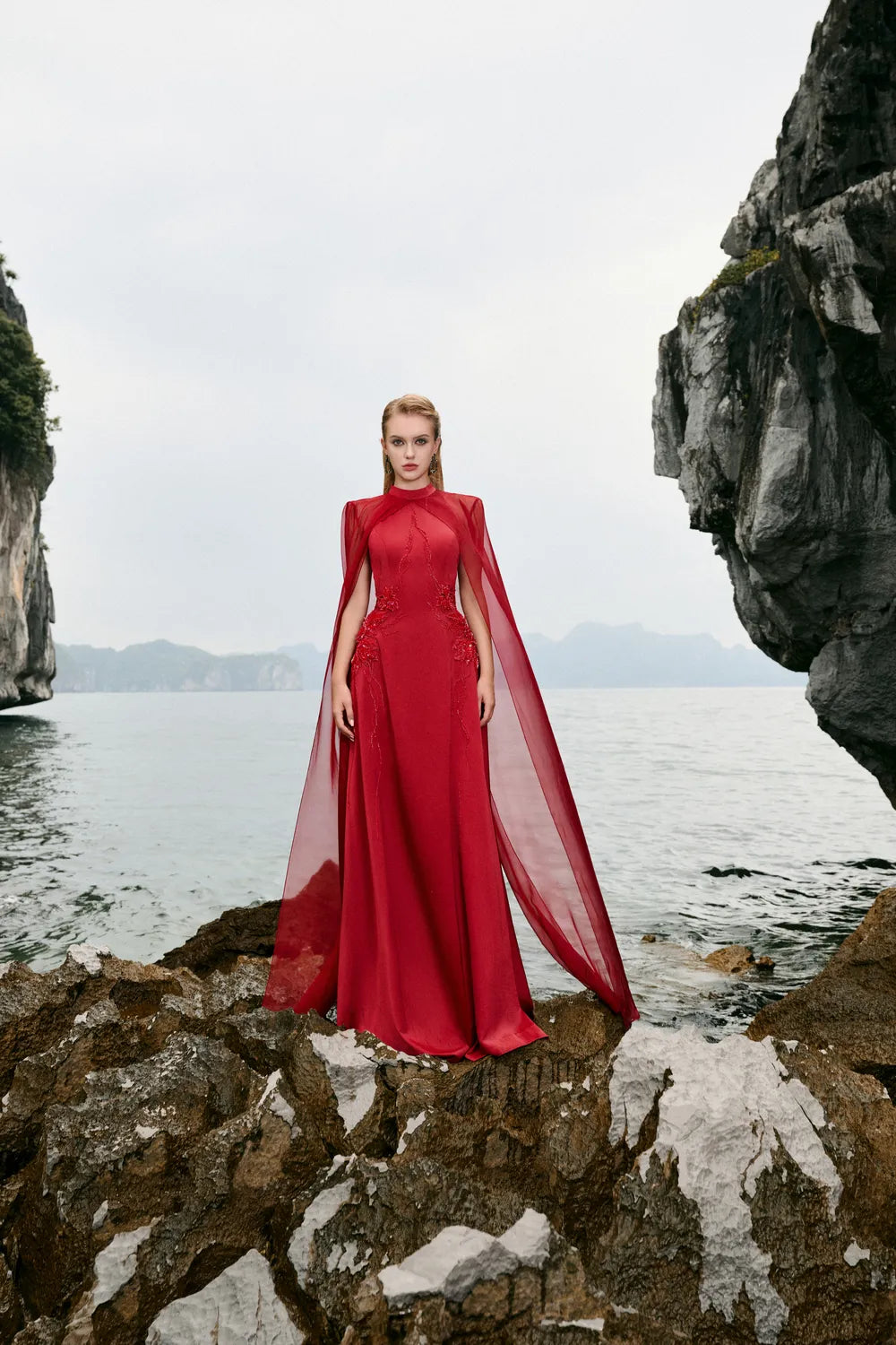 red cape dress long Elegant Red Long Sleeve Evening Dress with Cape SF137