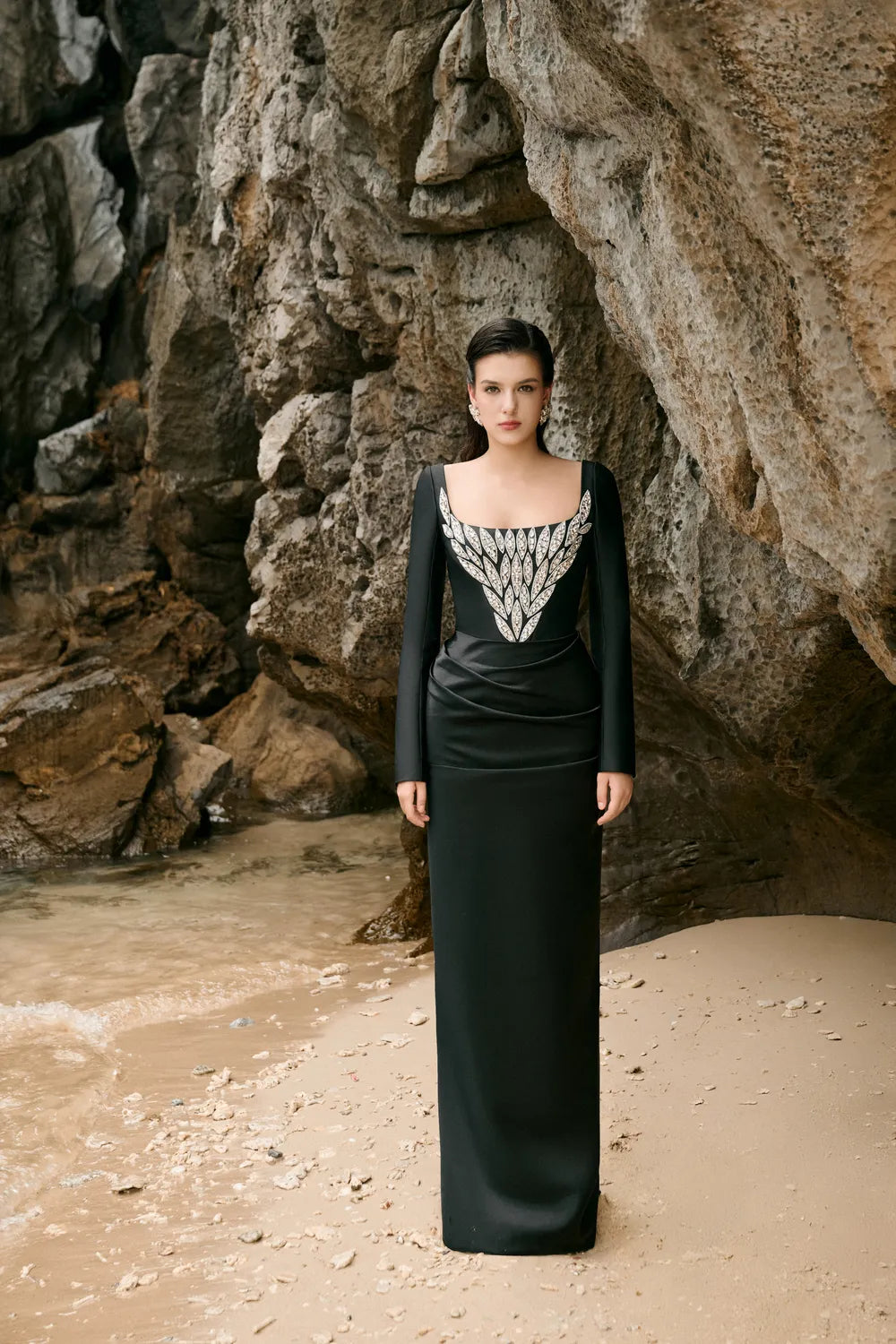 U-Neckline Curved Gathered Straight Dress